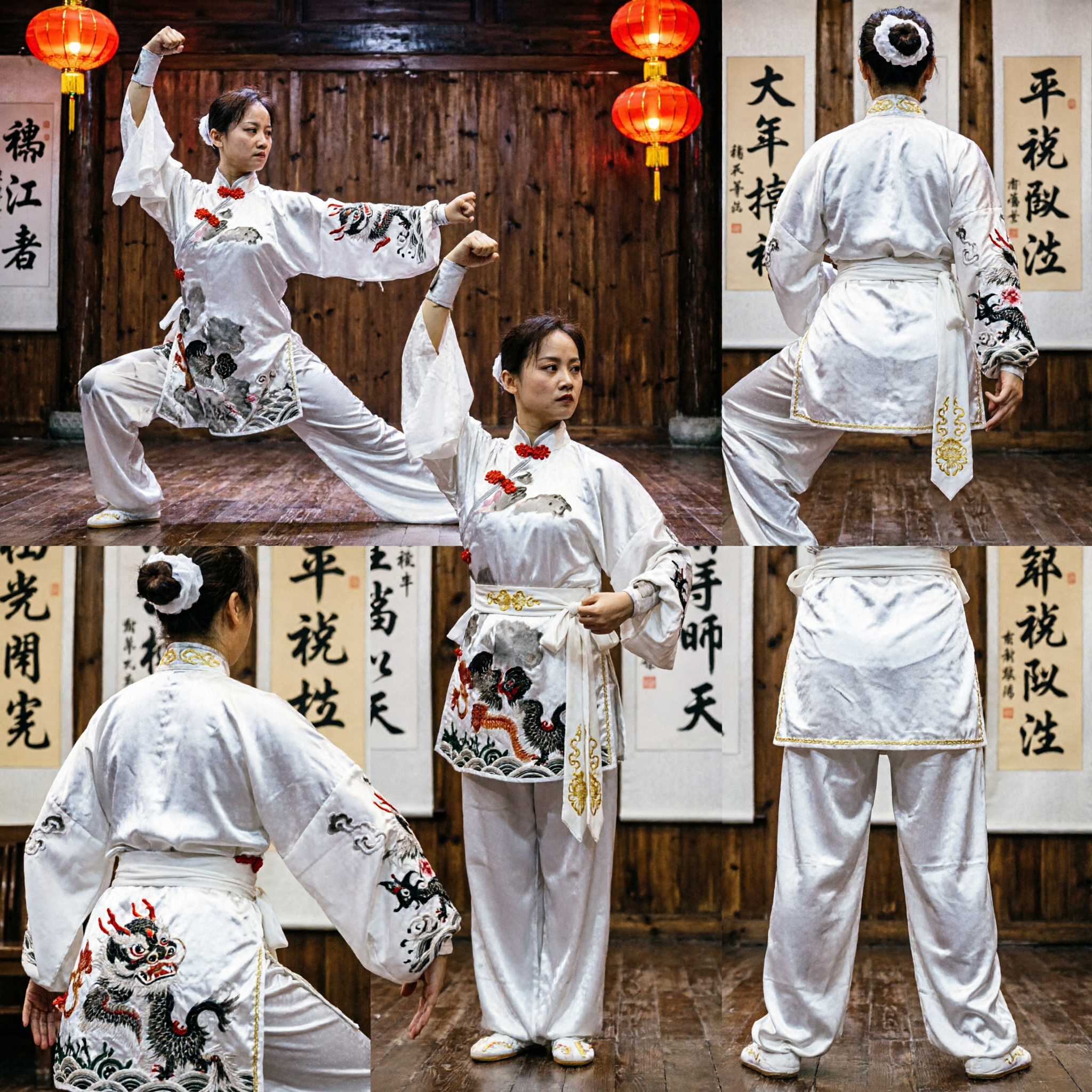 Damski biały jedwabny strój Tai Chi, tradycyjny chiński kombinezon Kung Fu na zawody sztuk walki - Asian Costume