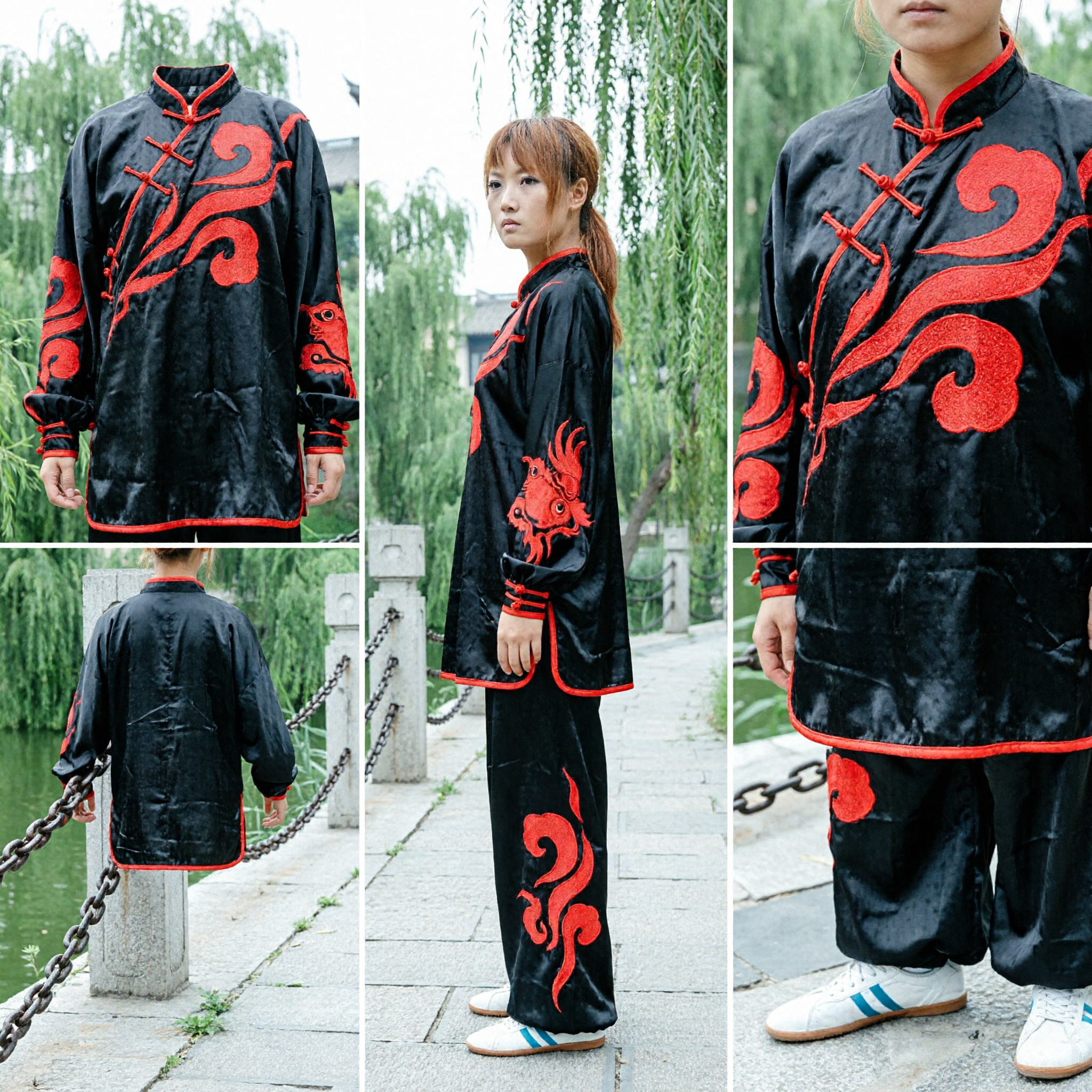 Damen-Schwarz-Rote-Flamme-Kung-Fu-Uniform Traditioneller Tai-Chi-Kampfkunst-Wushu-Bekleidungsset - Asian Costume