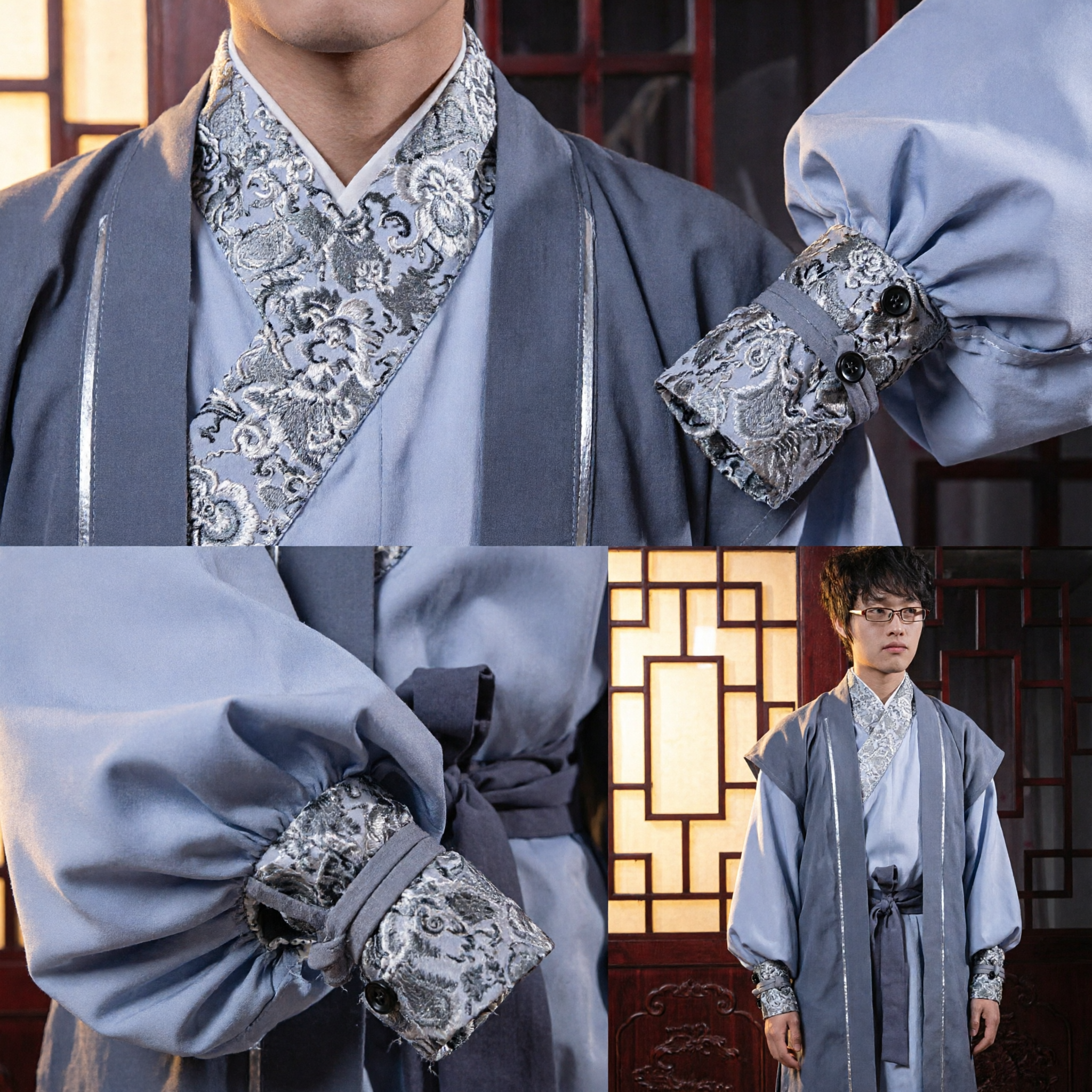 Traje de Estudioso Antigo Hanfu Tradicional Chinês para Homens, Robe Azul Acinzentado de Gola Cruzada para Cosplay e Performance Cultural - Asian Costume