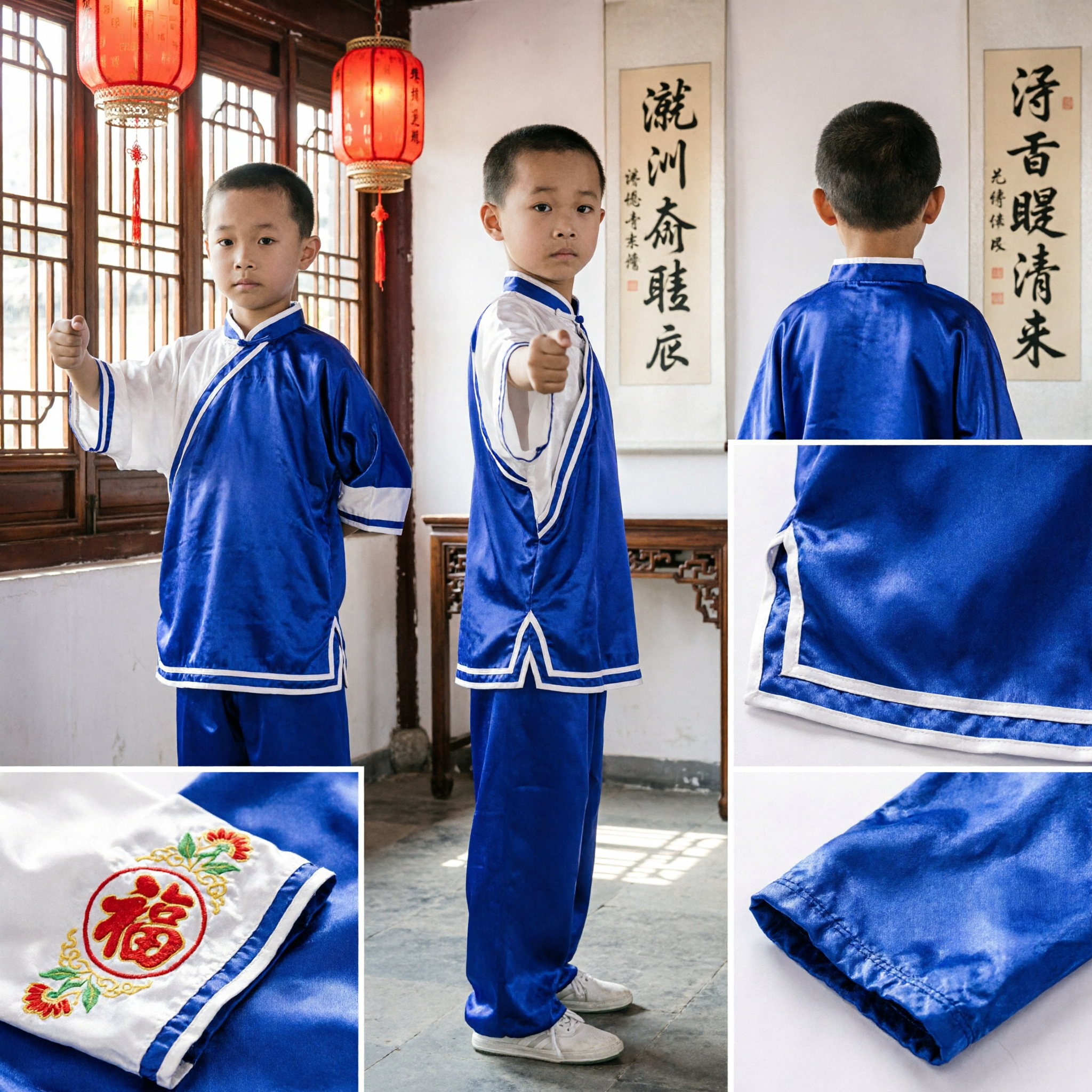 Uniforme Kung Fu per Bambini Ragazzi Blu e Bianco Abbigliamento Tradizionale per Arti Marziali Cinesi Tai Chi Wushu - Asian Costume