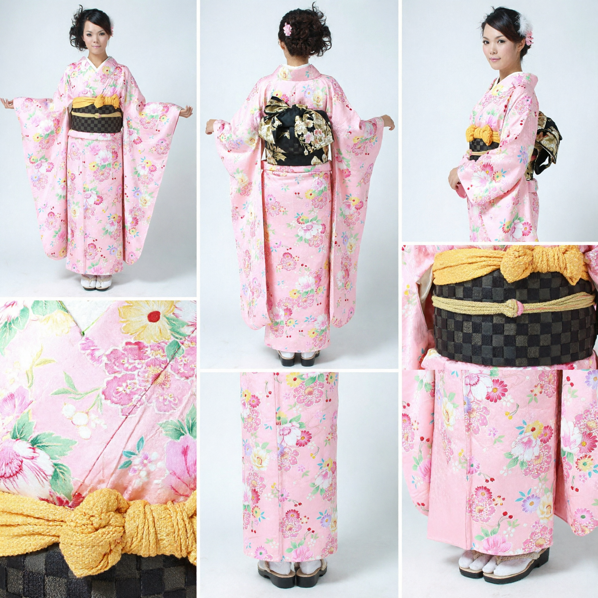 Kimono Giapponese da Donna Rosa con Motivi Floreali Costume Tradizionale con Obi per Festival, Matrimoni e Cosplay - Asian Costume