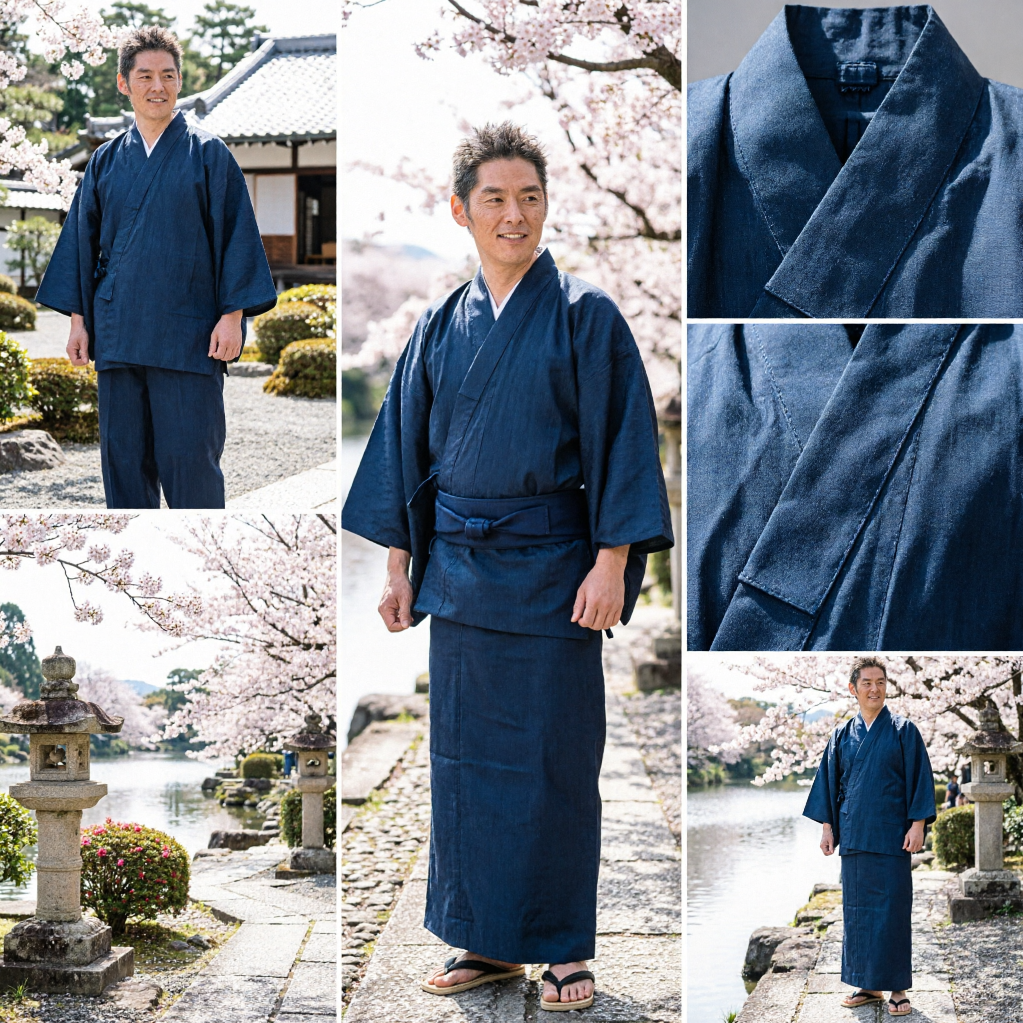 Ensemble Jinbei japonais traditionnel pour hommes en coton bleu foncé - Vêtement d'été de détente et de méditation Zen - Asian Costume