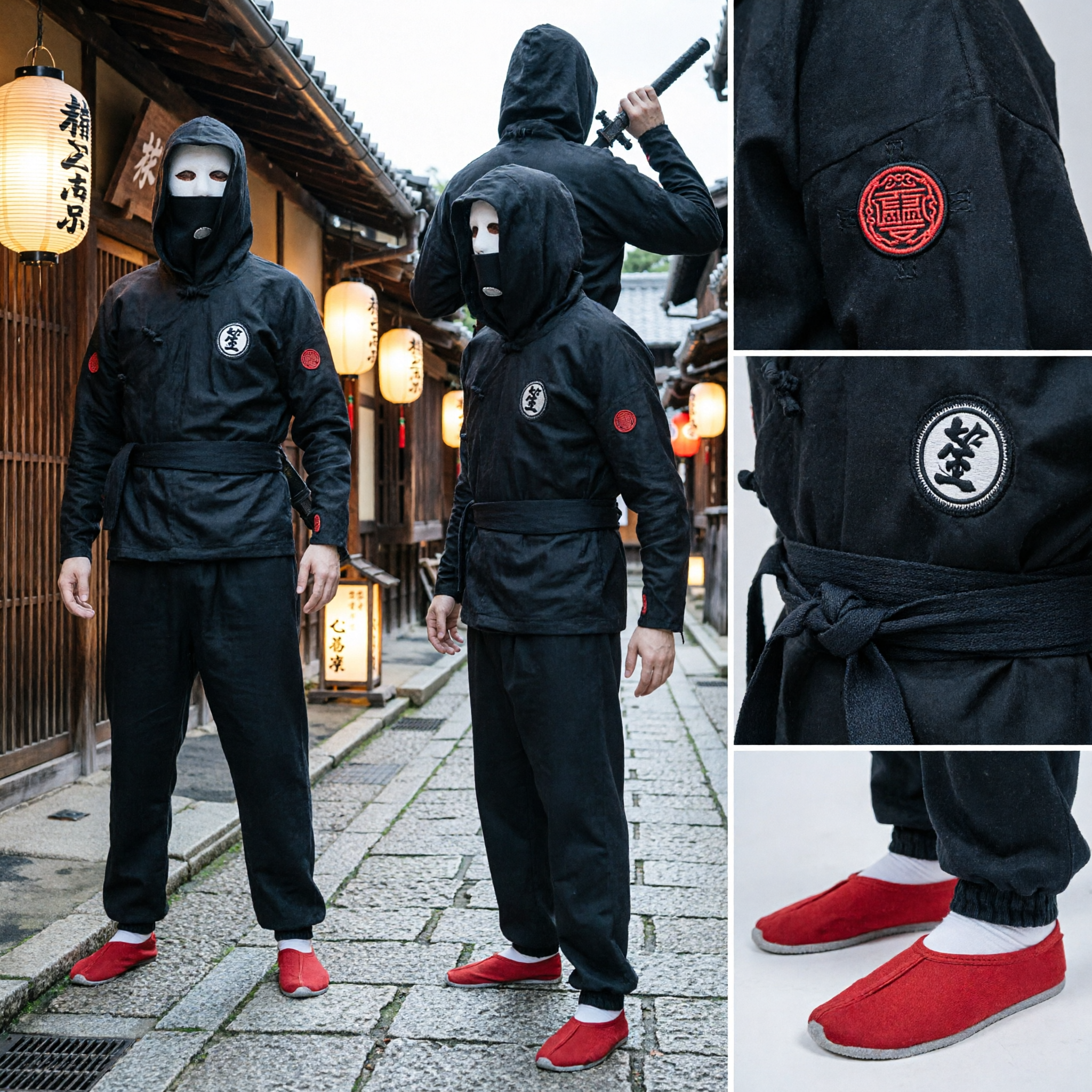 Herren-Schwarz-Traditionelles japanisches Ninja-Kostüm-Set Erwachsenen-Cosplay-Halloween-Outfit mit Maske und Waffen - Asian Costume