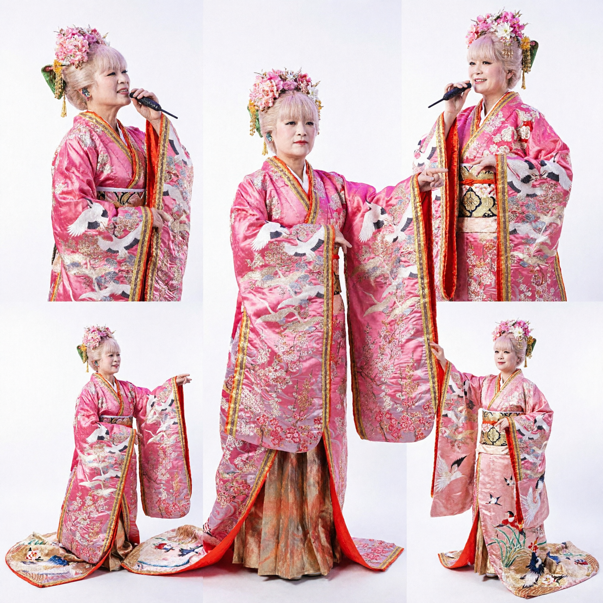 Kimono Japonês Rosa com Bordado de Grou e Flores, Traje Tradicional para Performance de Palco para Mulheres - Asian Costume