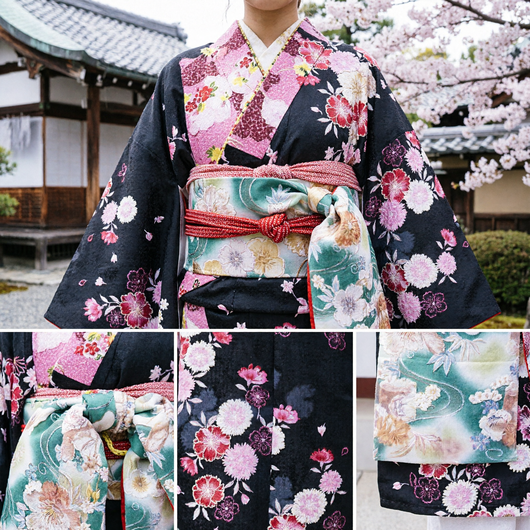 Tradycyjne japońskie czarne Kimono Furisode z różowymi motywami kwiatowymi i turkusowym pasem Obi z żurawiem dla kobiet - Asian Costume
