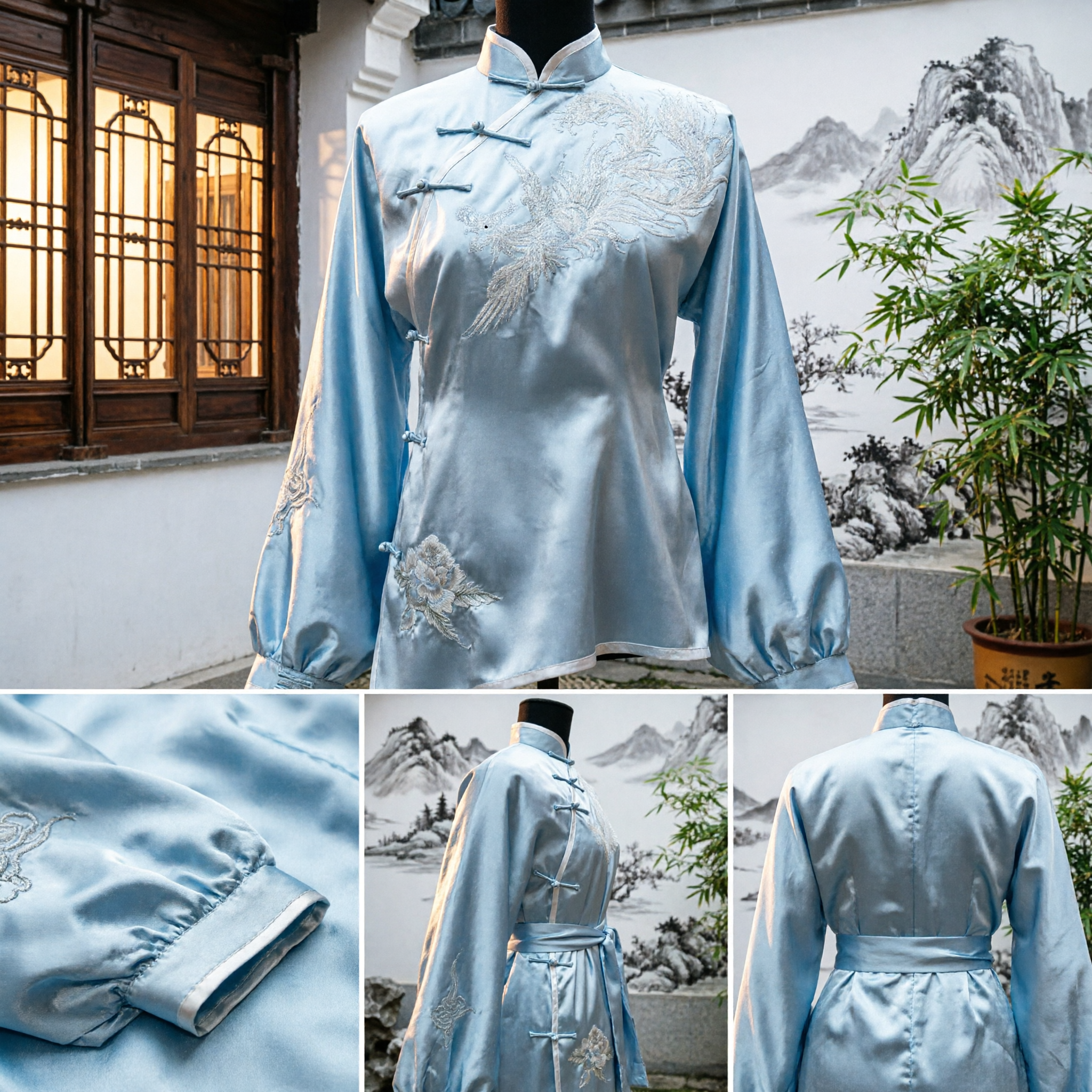 Elegantes hellblaues Seiden-Tai-Chi-Uniform Frauen traditioneller chinesischer Kung-Fu-Anzug mit Phönix-Stickerei - Asian Costume