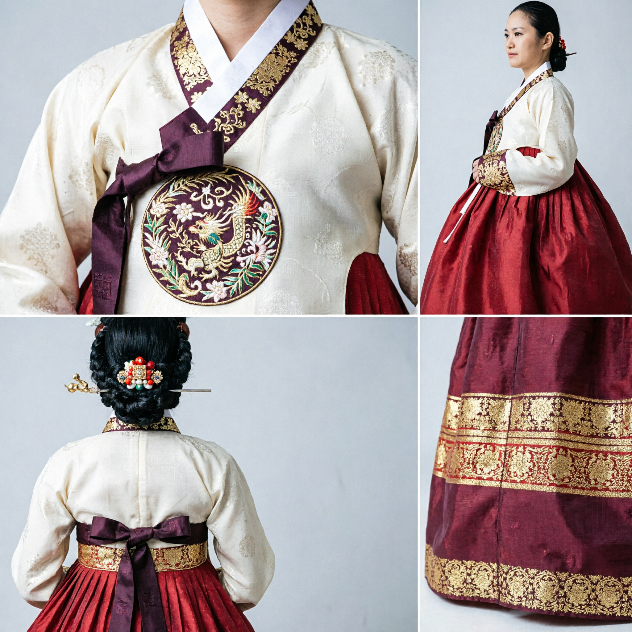 Tradycyjny koreański Hanbok dla kobiet, czerwony zestaw pałacowy z białym Jeogori i złotym brokatem na występy sceniczne - Asian Costume