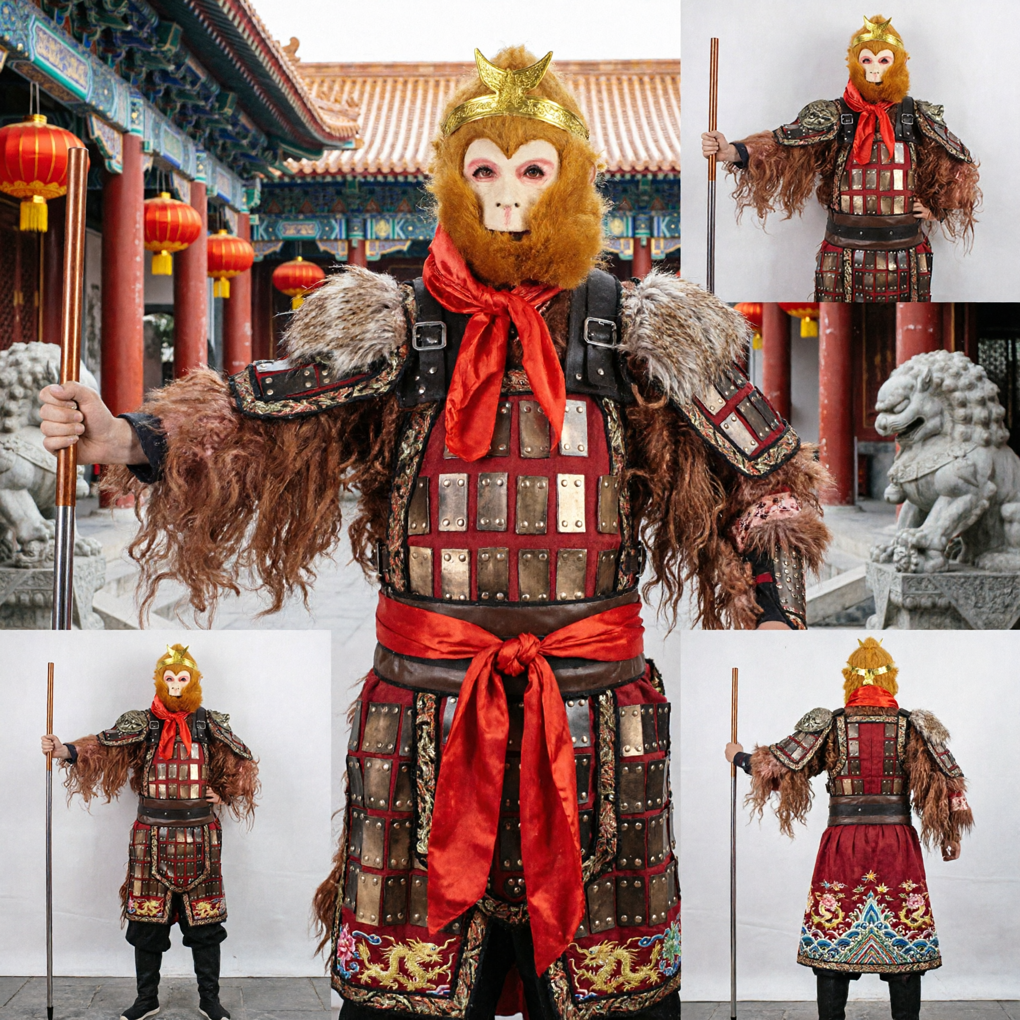 Ensemble Complet du Costume du Roi Singe Sun Wukong avec Armure, Masque et Bâton pour Cosplay d'Halloween et Spectacle - Asian Costume