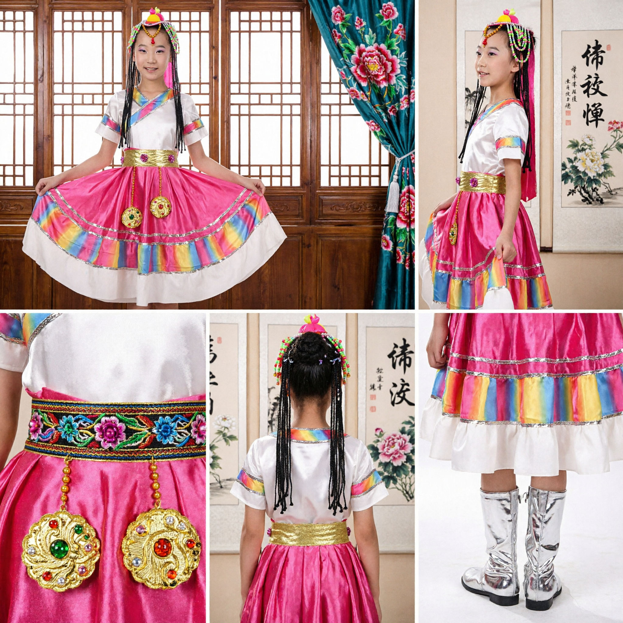 Kinder-Tibetisches Volkstanzkostüm, traditionelles folkloristisches Kleid für Mädchen-Bühnenauftritts-Outfit mit Zubehör - Asian Costume