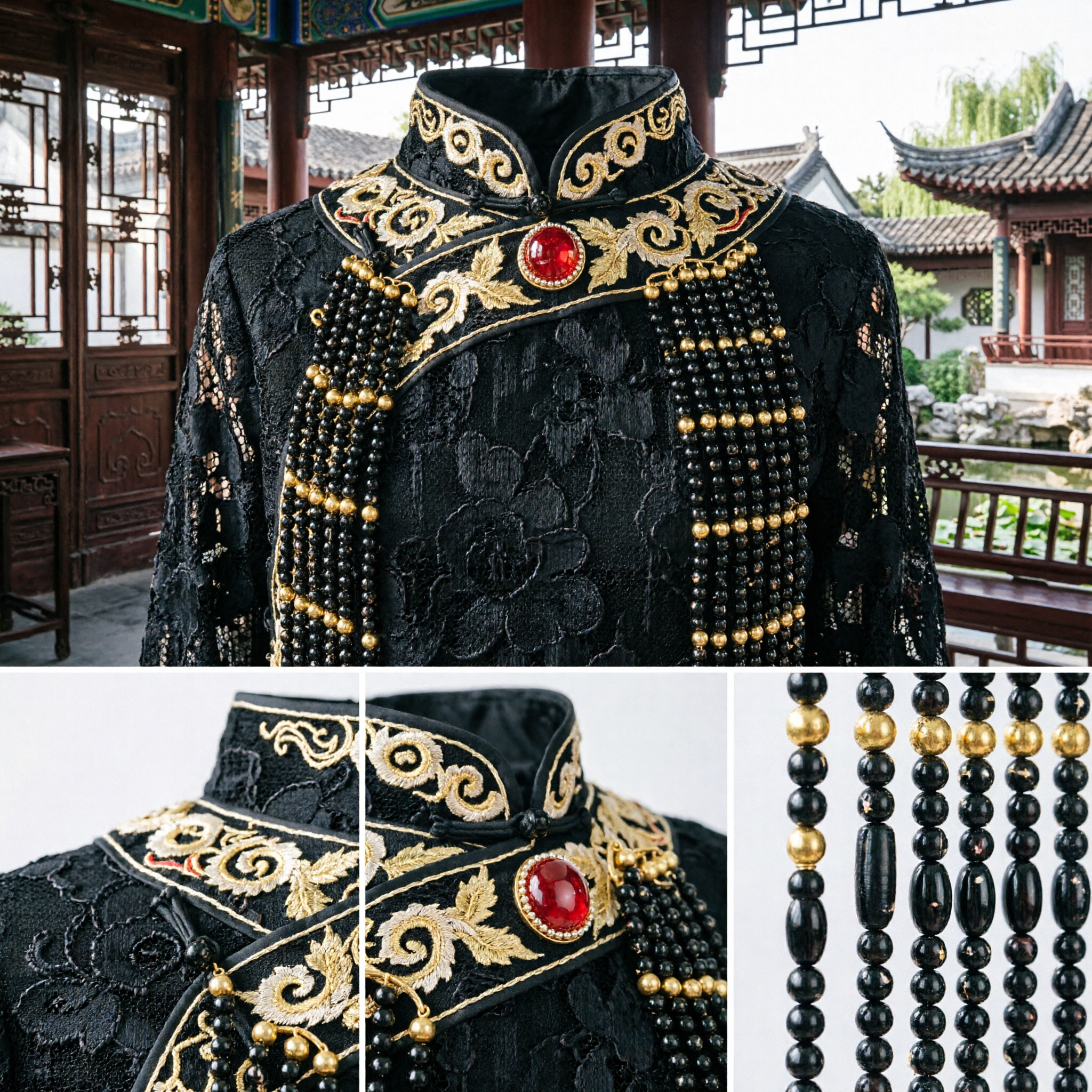 古代中国皇帝冠 黒色ビーズ冕旒冠 龍刺繍付き 伝統的漢服頭飾り 男性用コスプレ - Asian Costume