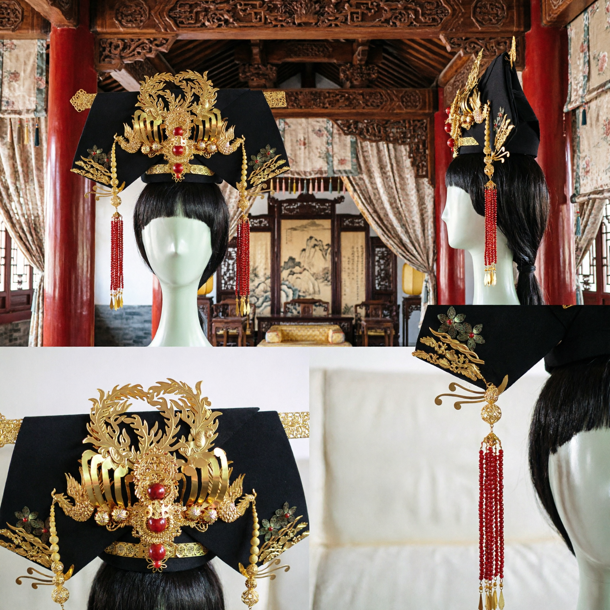 Couronne de Phénix de Mariage Traditionnel Chinois Exquise Accessoires de Cheveux Hanfu Dorés Coiffe Ancienne de Mariée Fengguan - Asian Costume