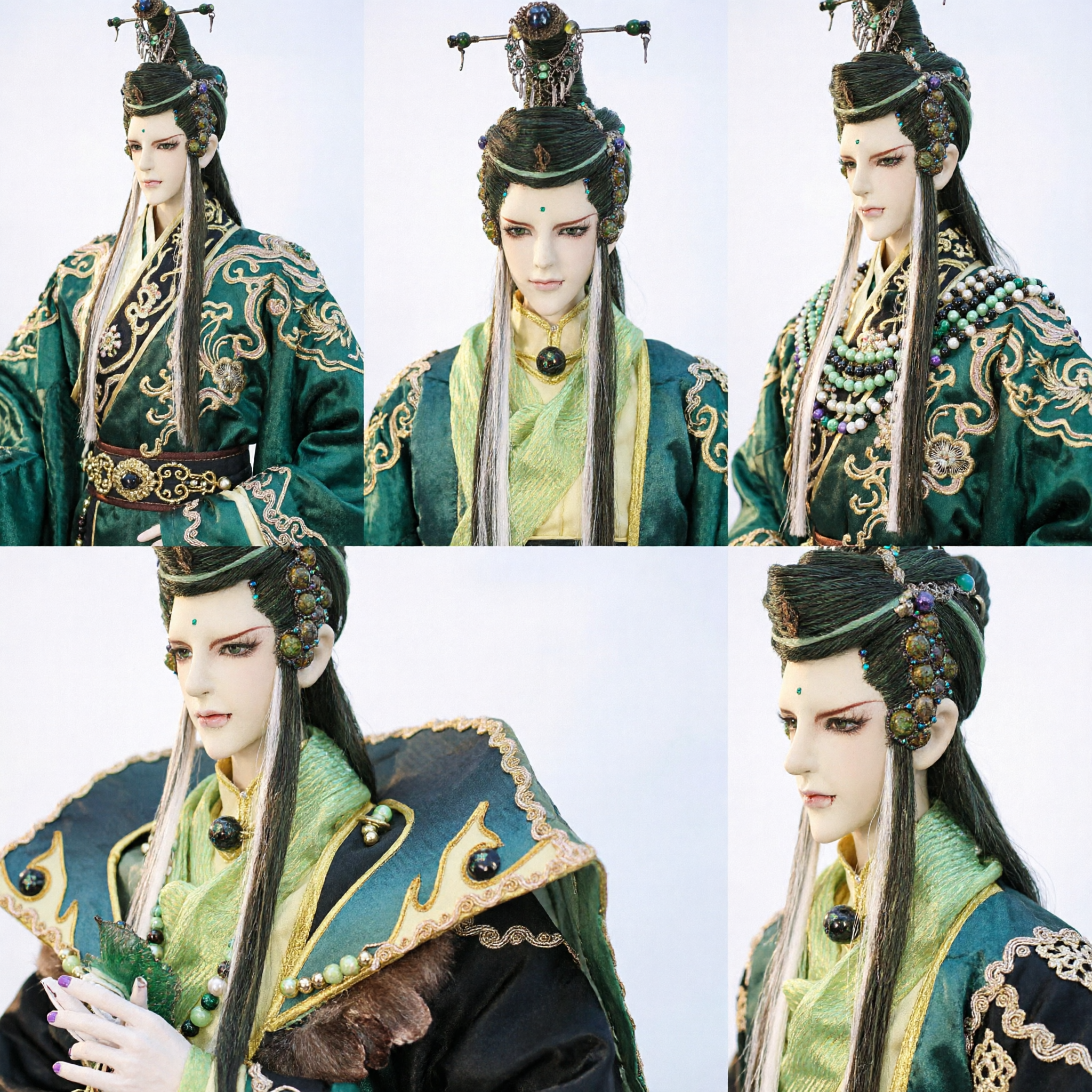Exquisite Traditional Chinese Ancient Fantasy Puppet Costume and Wig Set Green Gold Armor for BJD Doll - Asian Costume