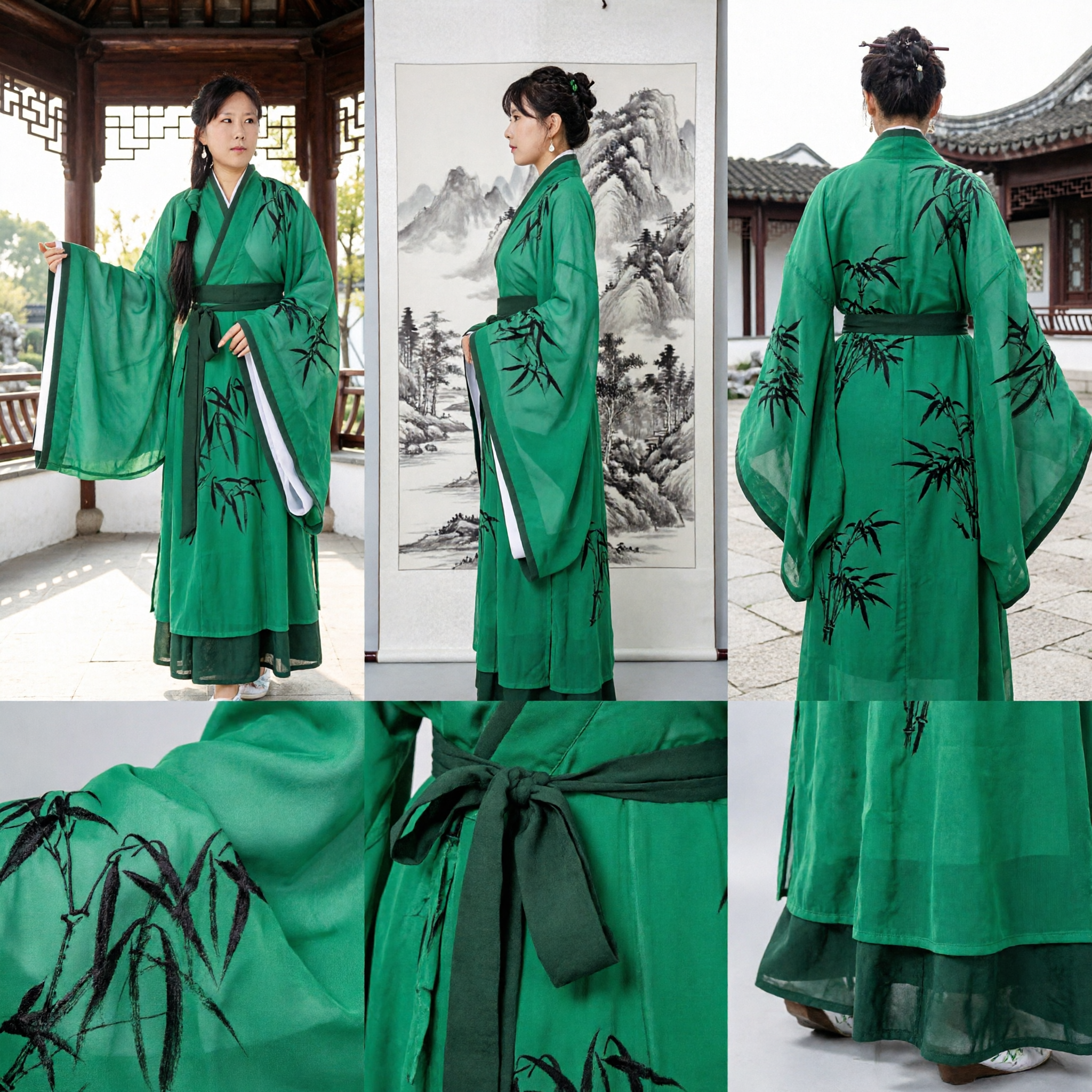 Vrouwen Groen Bamboe Inkt Schilderij Hanfu Traditioneel Chinees Antiek Kostuum voor Cosplay en Optreden - Asian Costume