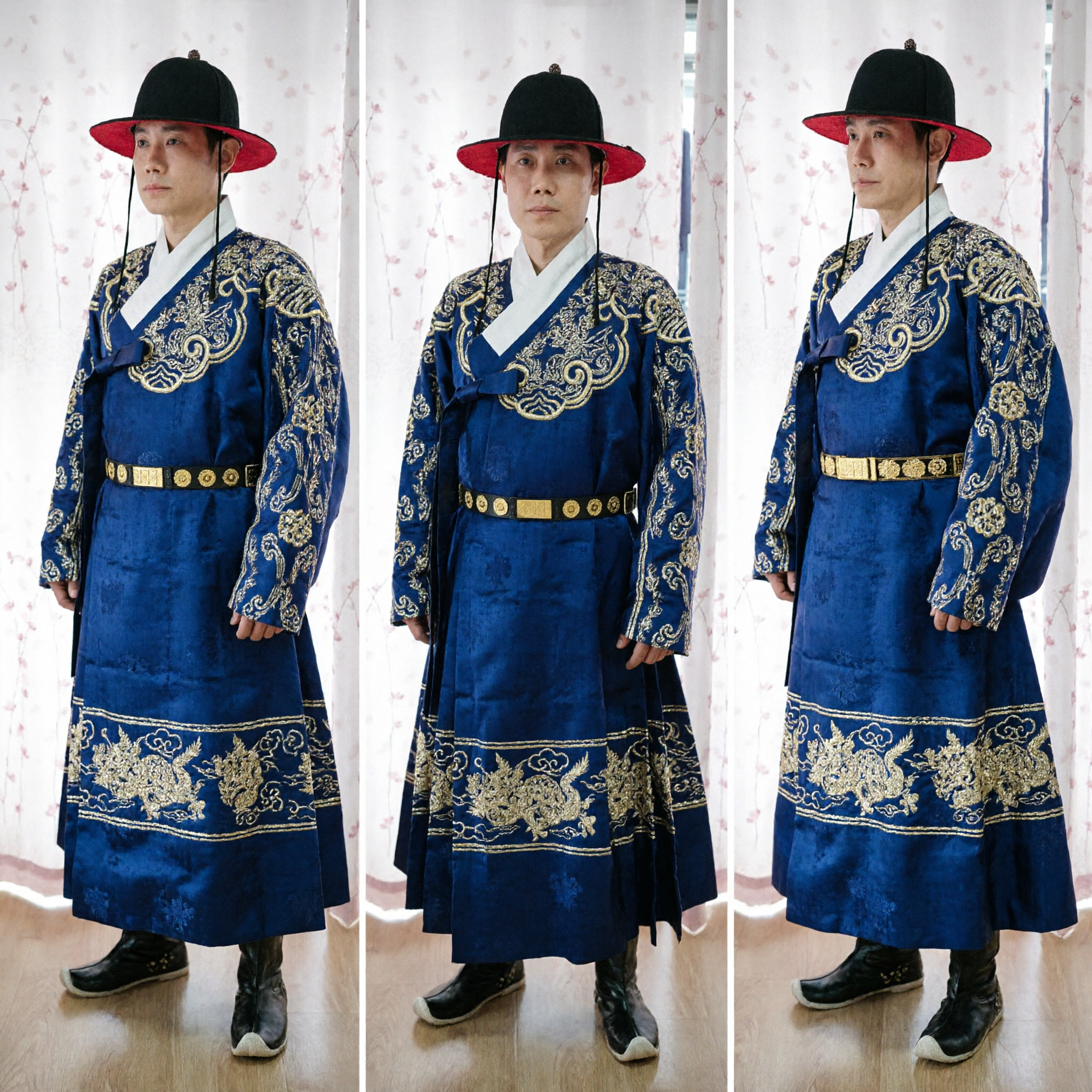 Traditioneel Koreaans Hanbok Mannen Blauw Gwanbok Ambtenaarsgewaad met Goud Borduurwerk Joseon-dynastie Historisch Kostuum - Asian Costume