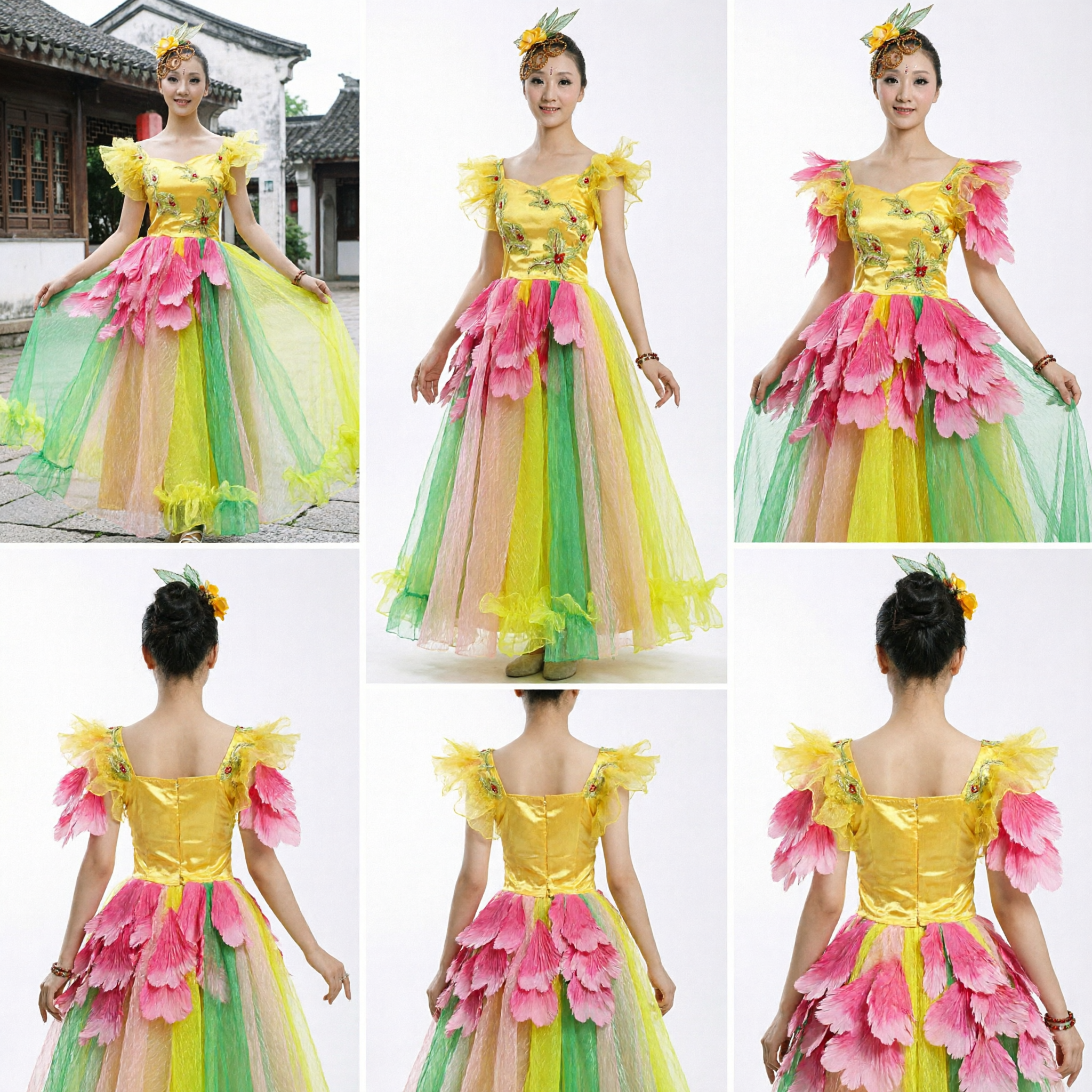 Costume da Danza Folkloristica Cinese per Donne, Abito Yangge Giallo Floreale con Gonna Fluttuante Colorata per Spettacoli sul Palco - Asian Costume