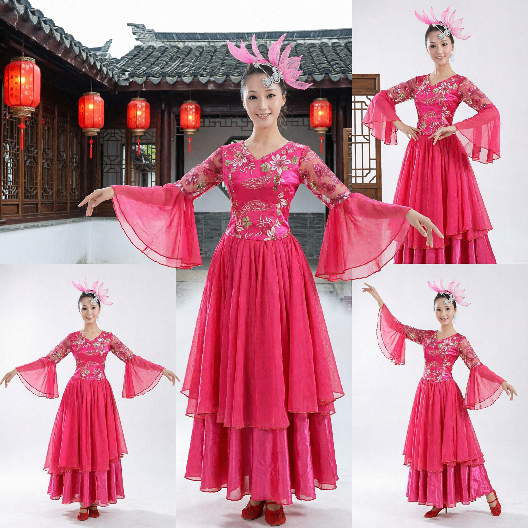 Costume Tradizionale Cinese per Danza Yangge Rosa per Donne, Abito da Spettacolo con Ricamo Floreale e Maniche Fluttuanti - Asian Costume