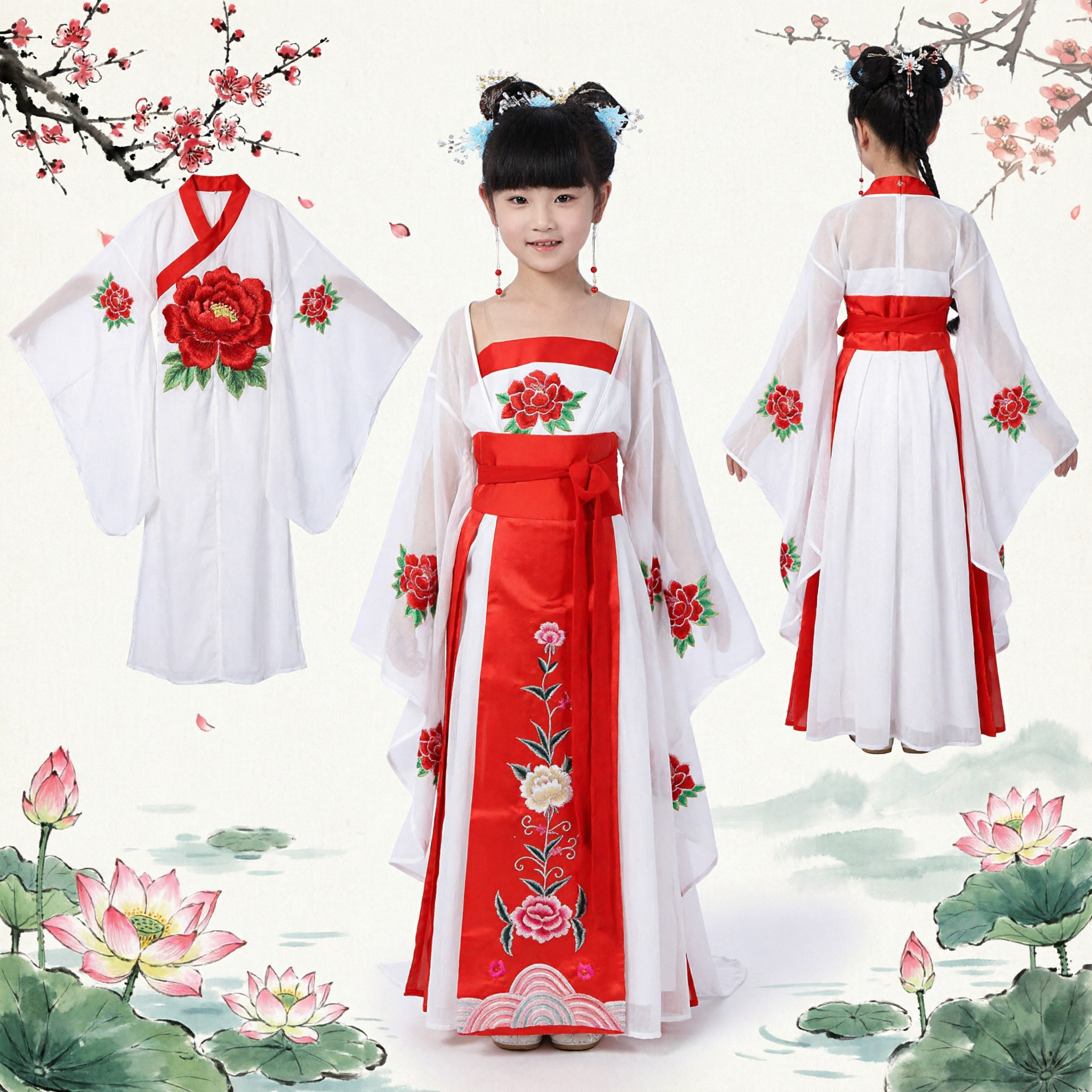 Vestido Tradicional Chino Hanfu para Niñas Traje de la Dinastía Tang Rojo con Bordado Floral para Uso en Festivales y Presentaciones - Asian Costume