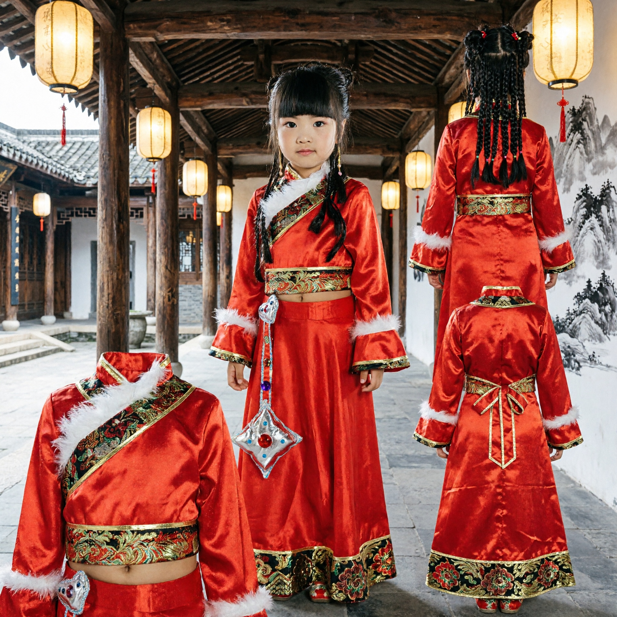 Kinder Traditionelles Chinesisches Tibetisches Rotes Tanzkostüm Mädchen Ethnische Volks-Bühnenauftritts-Outfit-Set mit Zubehör - Asian Costume