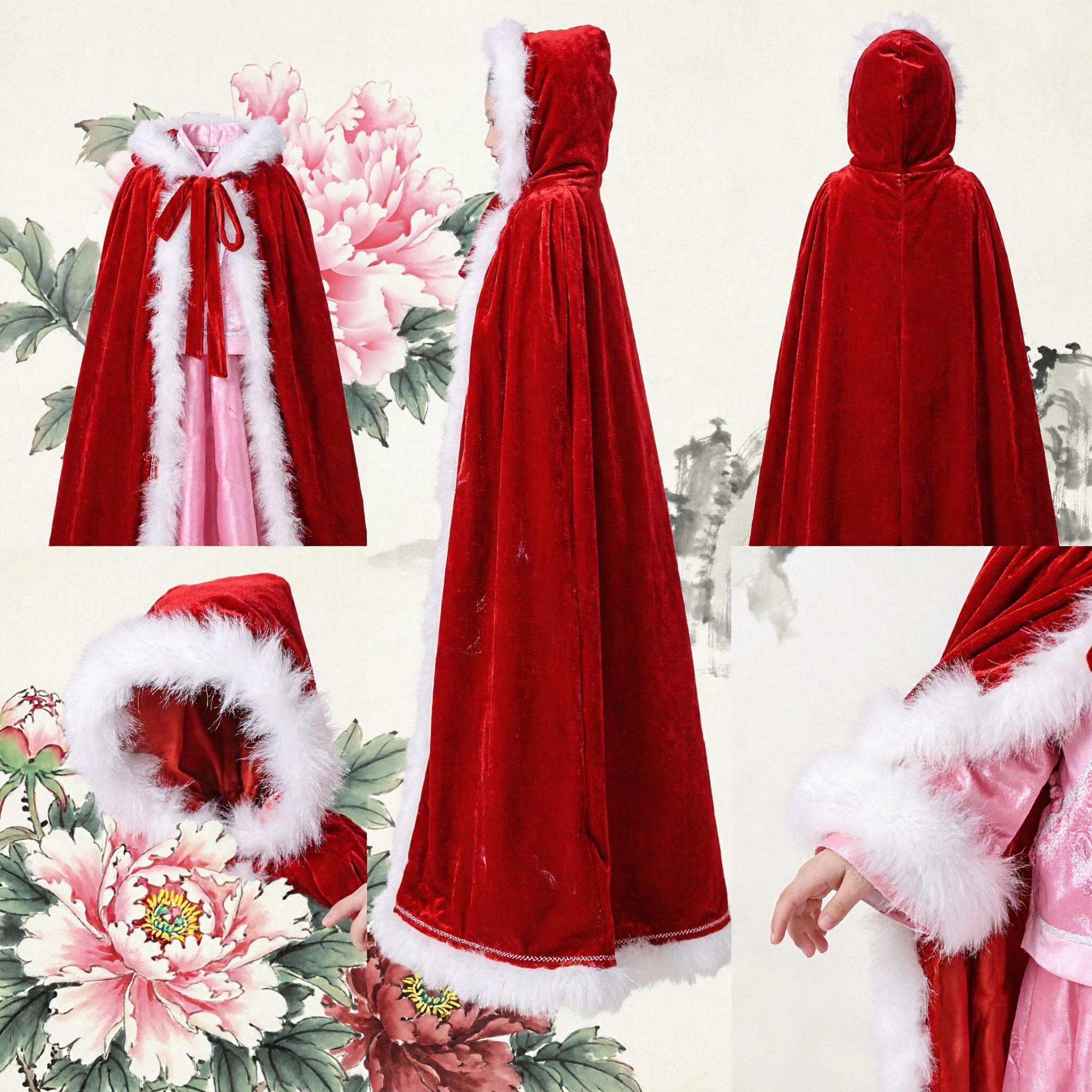 Cape Hanfu traditionnelle chinoise en velours rouge avec bordure en fourrure blanche pour filles, cape d'hiver pour enfants - Asian Costume