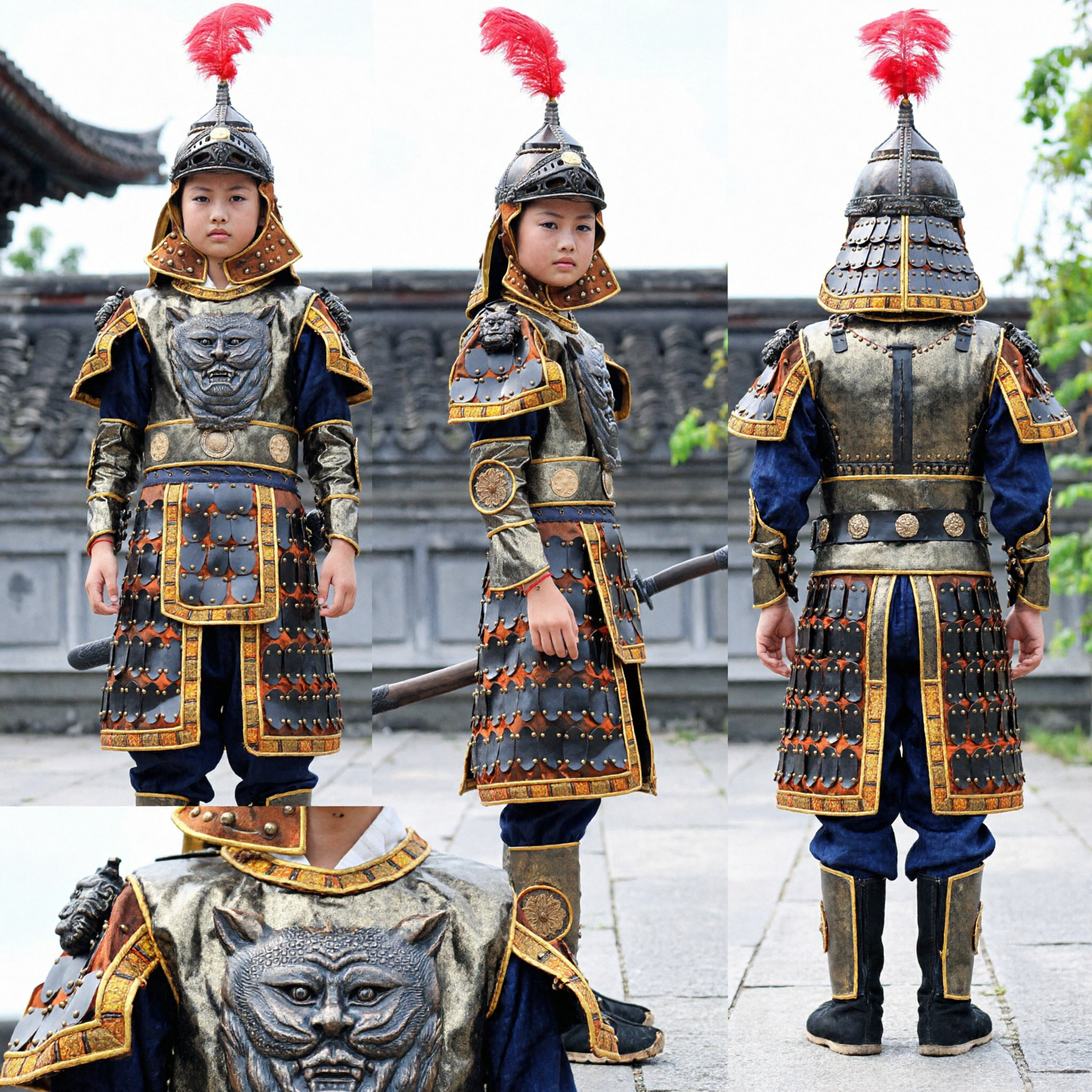 زي درع الجنرال الصيني القديم للأطفال - زي المحارب التقليدي للعروض المسرحية والكوزبلاي - Asian Costume