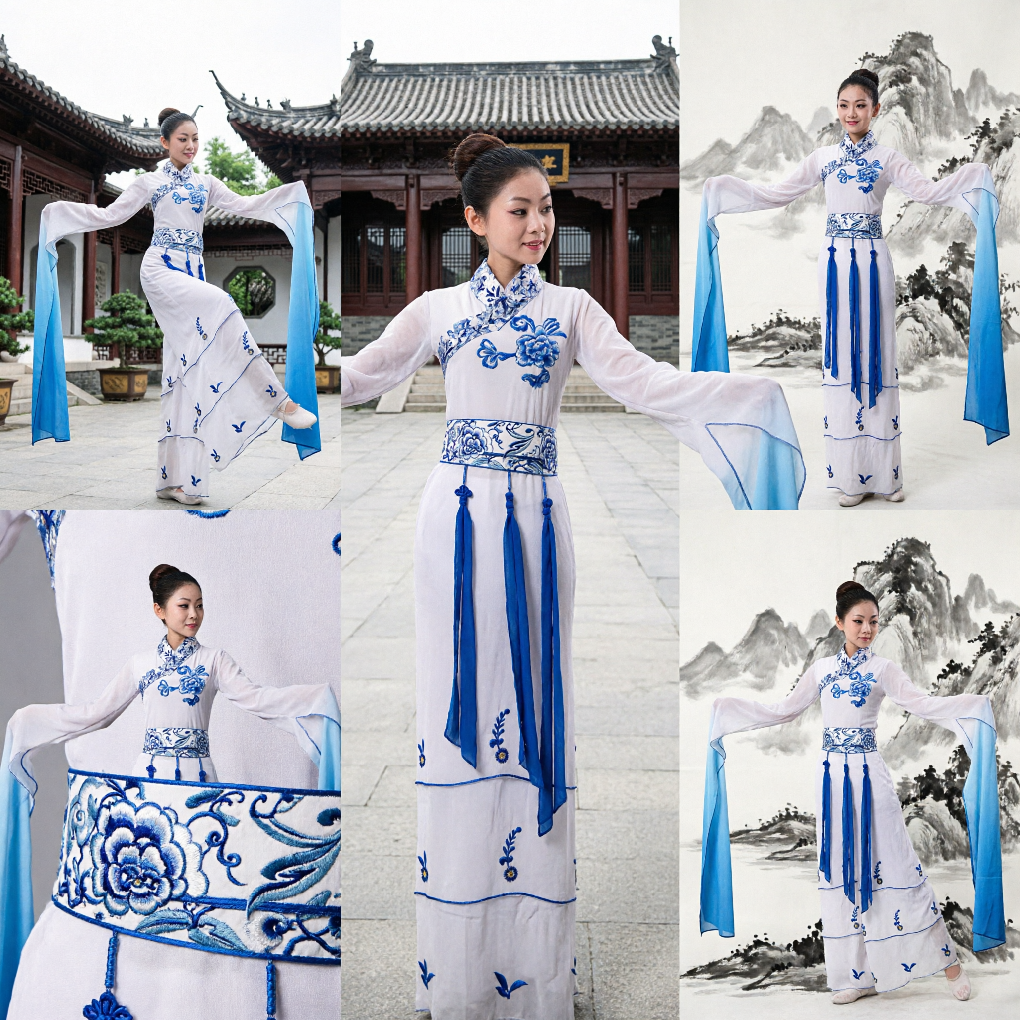 Costume de danse classique chinoise, robe de scène à manches d'eau bleue et blanc porcelaine pour femmes - Asian Costume