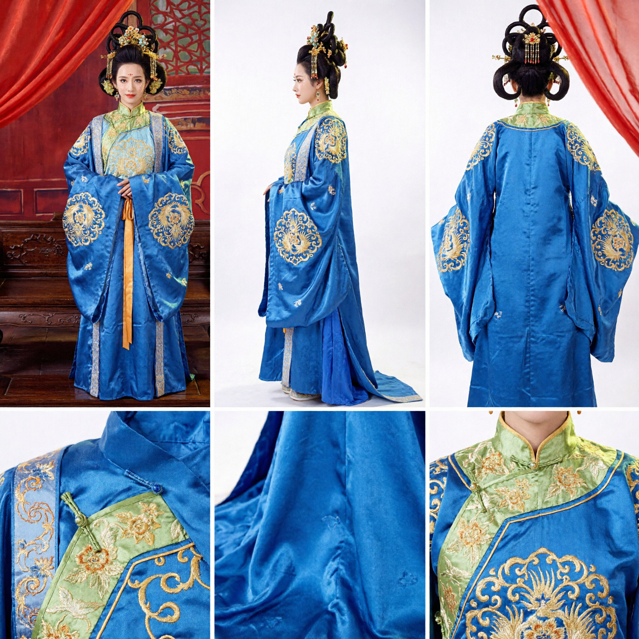 中国古代 唐風 青刺繍ハンフドレス 女性用 プリンセス宮廷コスプレ衣装 - Asian Costume