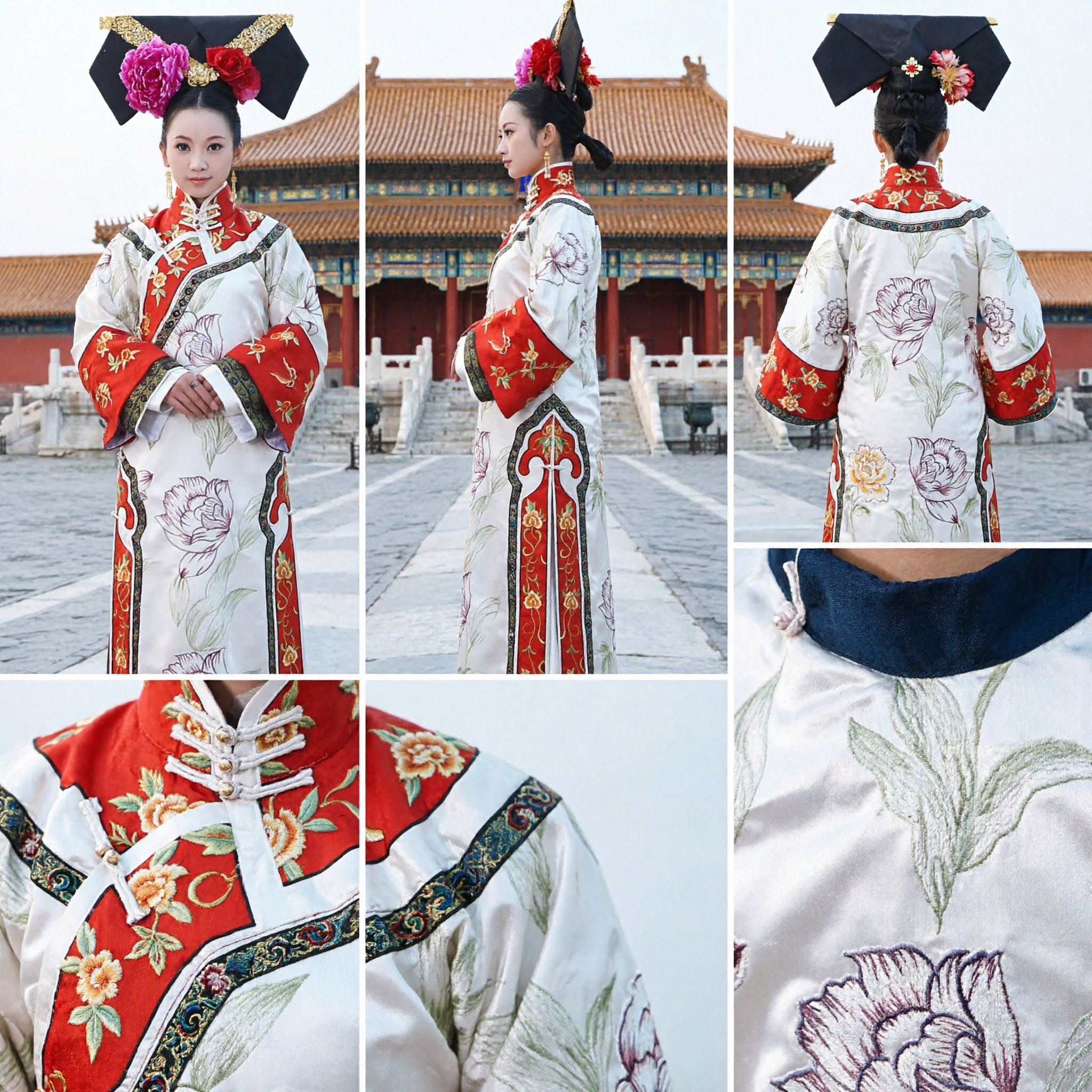 Costume traditionnel de princesse mandchoue de la dynastie Qing chinoise - Robe blanche brodée de fleurs avec coiffe pour femmes - Asian Costume