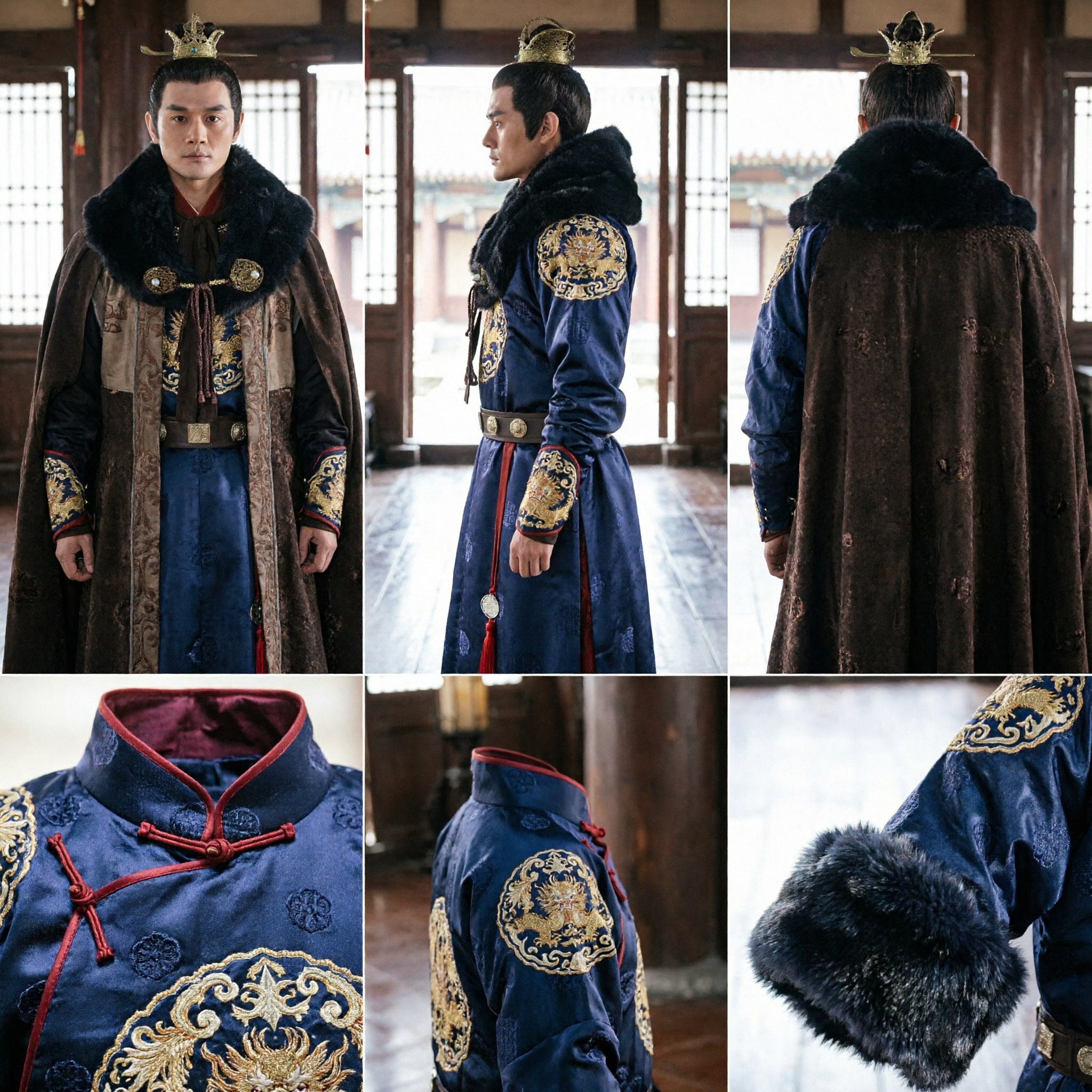 Men's Ancient Chinese Prince Hanfu Costume Traditional Historical Drama Cosplay Robe with Fur Collar and Crown - Asian Costume