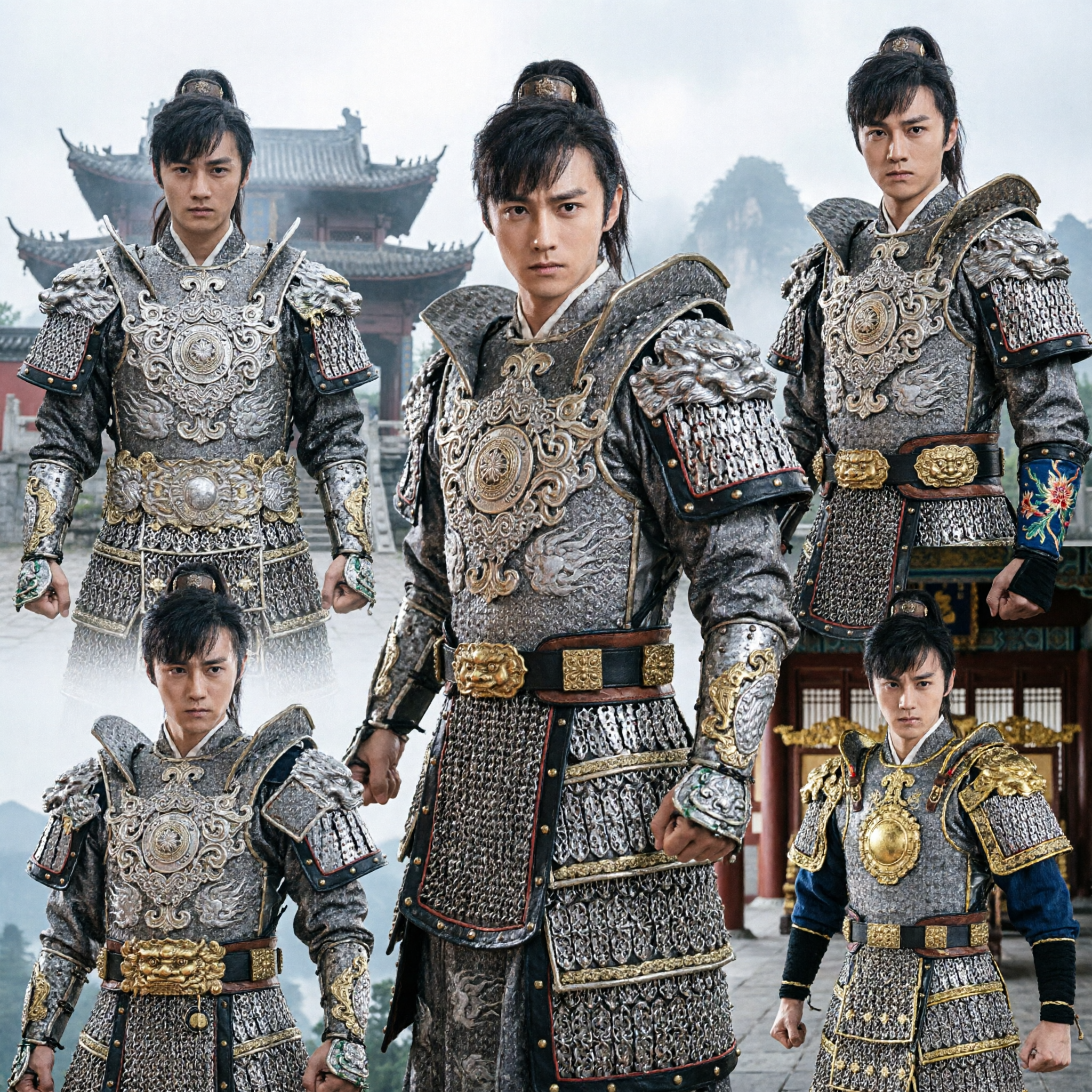 男性用 古代中国将軍鎧衣装 黒金龍刺繍戦士衣装 コスプレ・演技用 - Asian Costume