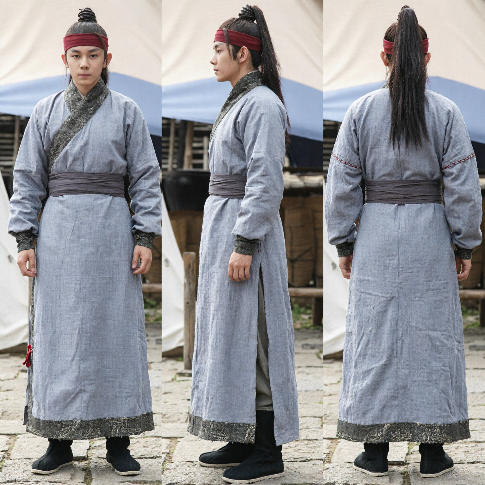 Traje de Espadachim Chinês Antigo, Conjunto de Robe de Linho Azul para Homens, Fantasia de Guerreiro Wuxia Hanfu para Cosplay - Asian Costume