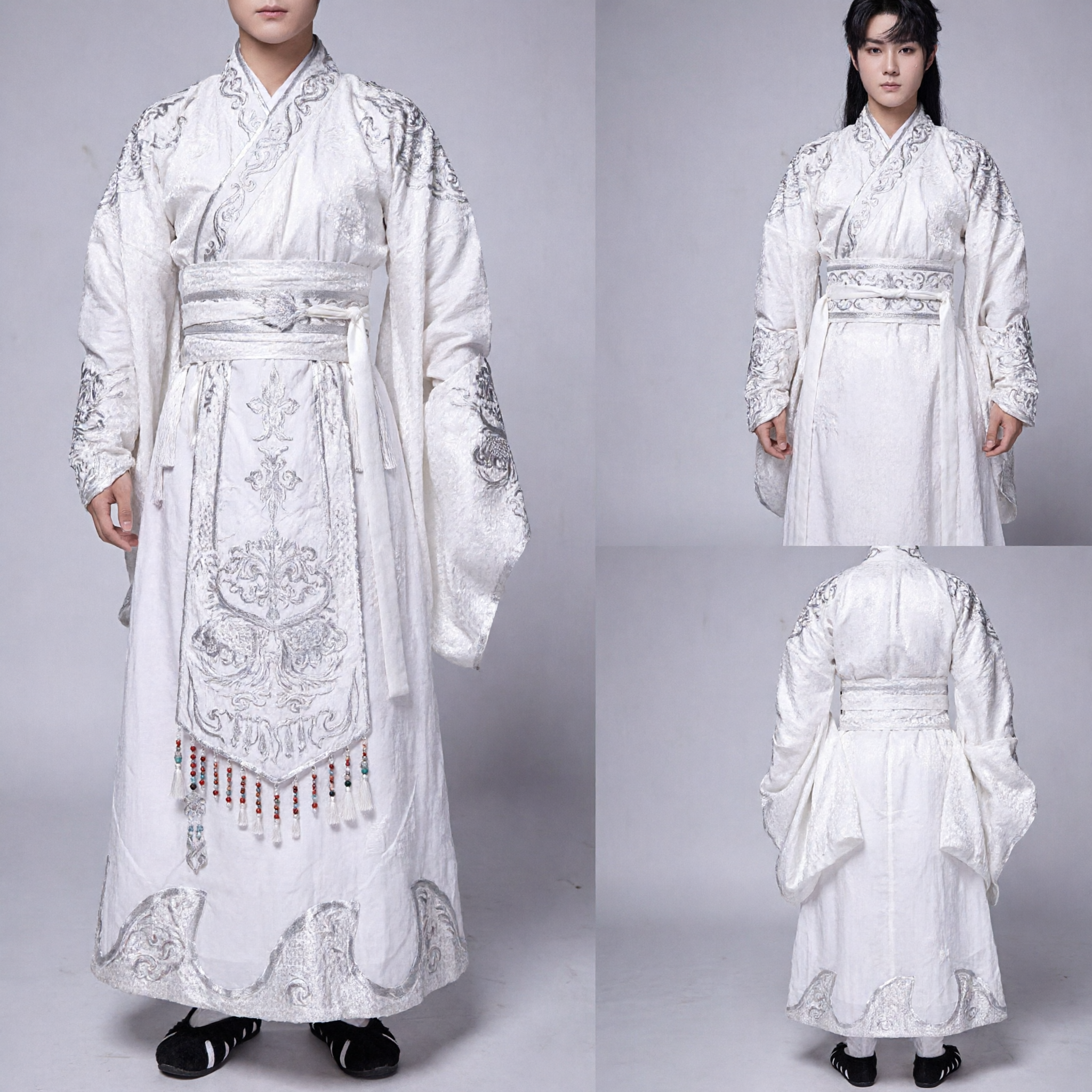 Antiek Chinees Wuxia Zwaardvechter Hanfu Kostuum Heren Wit Geborduurd Gewaad met Sluierhoed Set - Asian Costume