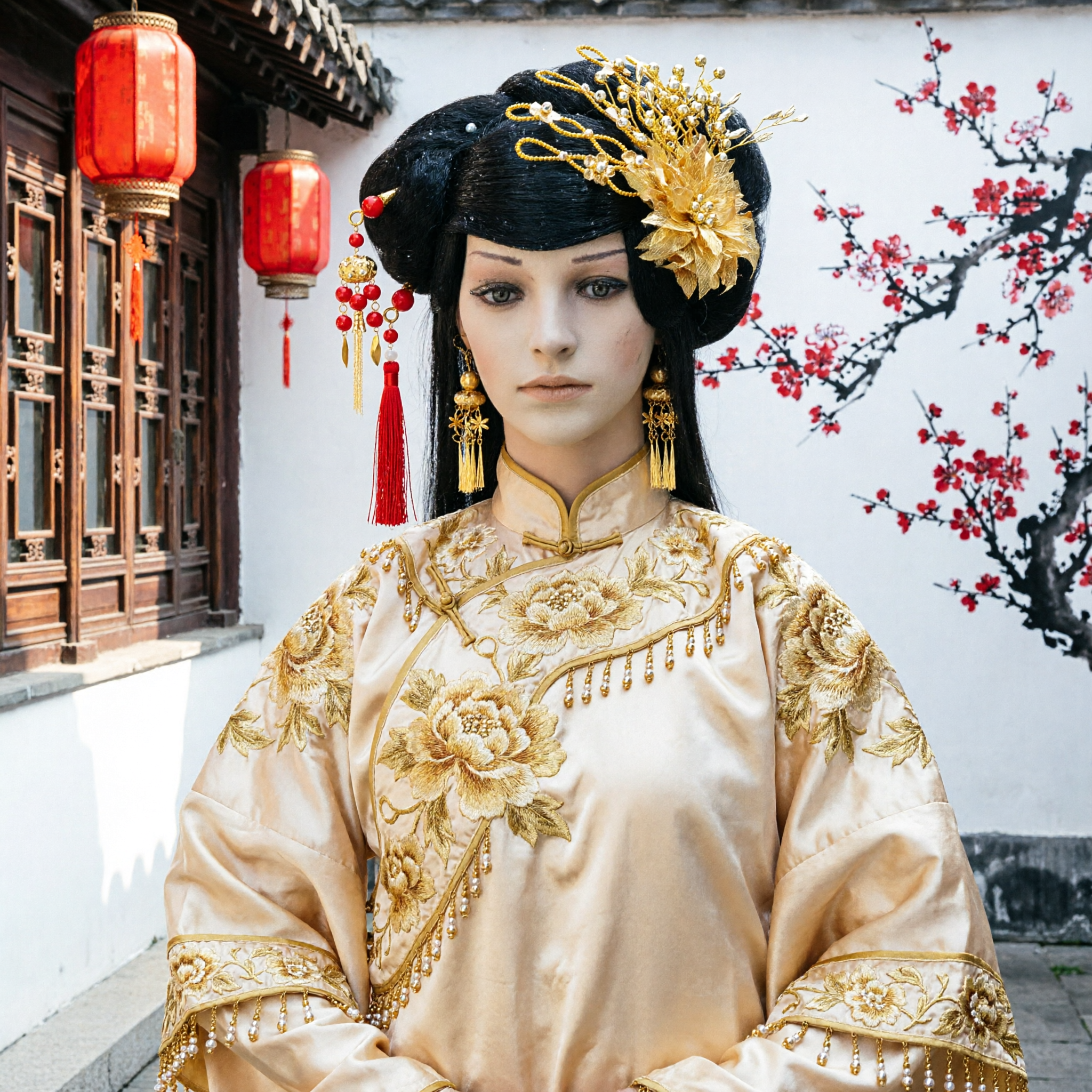 Traditionele Chinese oude prinses pruik met gouden pioenroos en rode kralen ornamenten voor Hanfu cosplay - Asian Costume