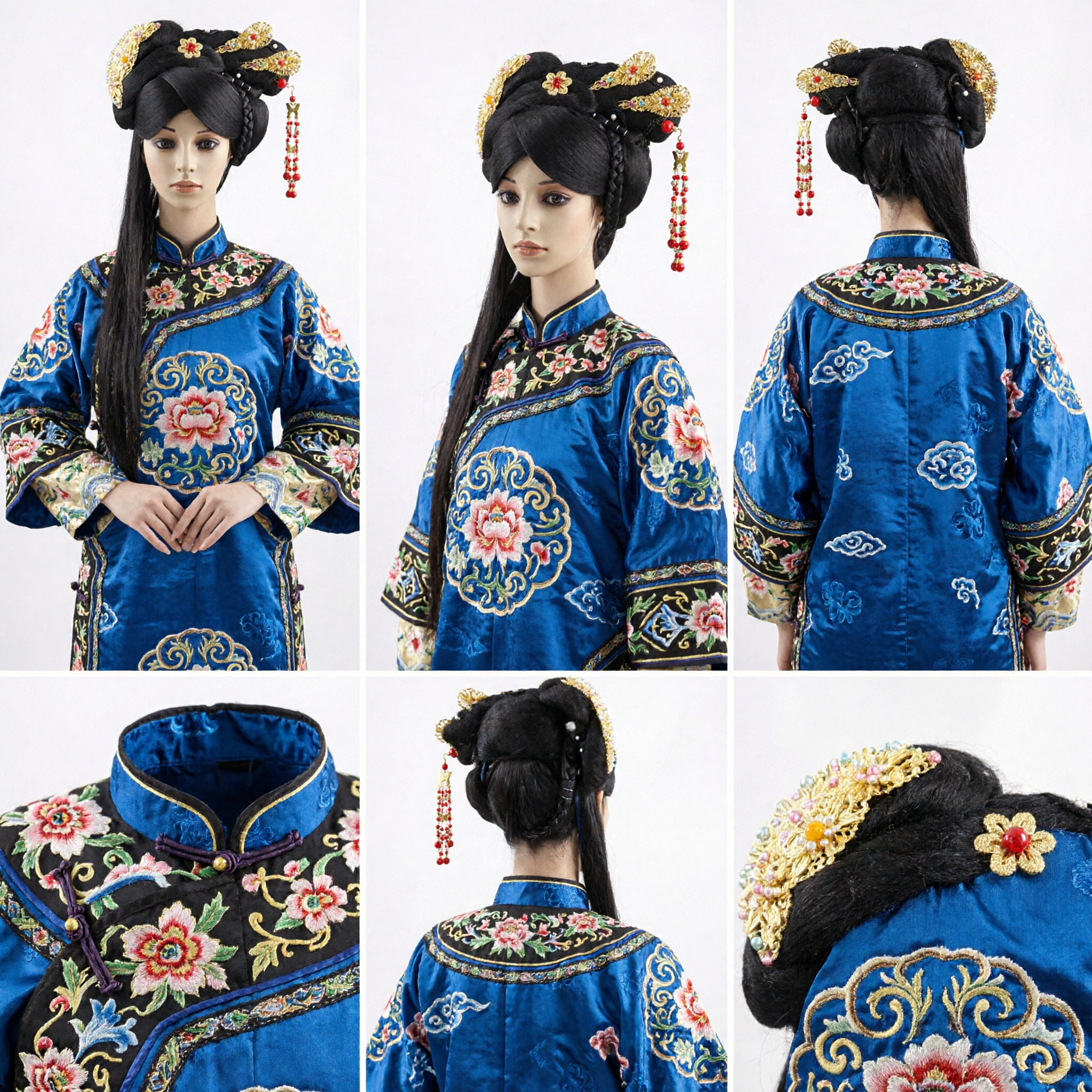Conjunto de Peluca de Princesa de la Dinastía Qing China Tradicional con Horquillas Florales Doradas y Borlas con Cuentas Rojas para Cosplay - Asian Costume