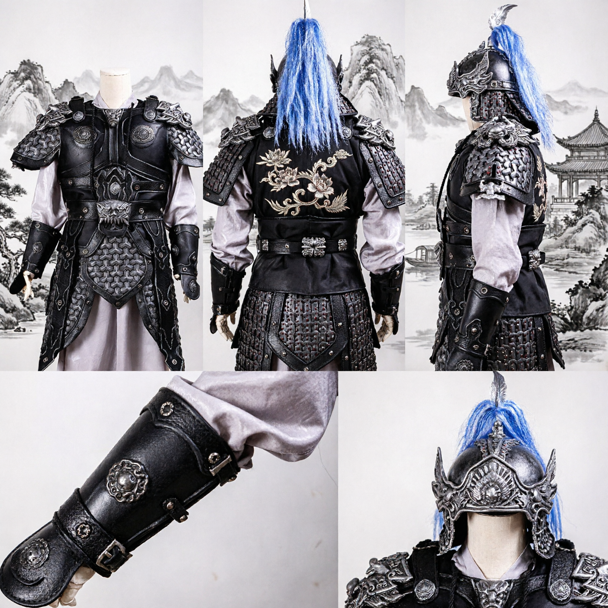 Männer antikes chinesisches General-Schwarz-Leder-Rüstung-Kostüm Krieger-Ritter-Cosplay-Outfit für Bühnenauftritte Halloween - Asian Costume