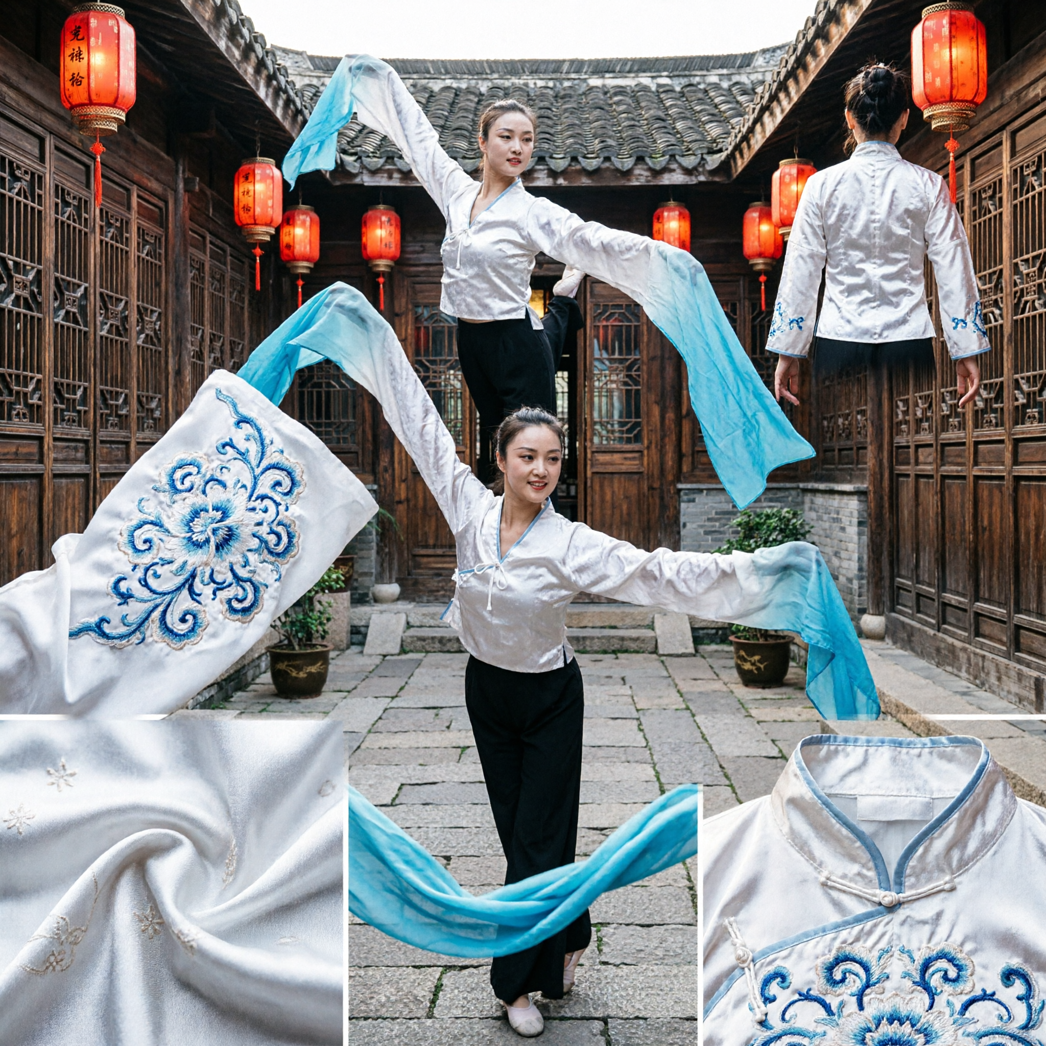 Costume da Danza Classica Cinese Femminile Top in Seta Bianca con Maniche ad Acqua Abito Tradizionale per Spettacoli Teatrali e Culturali - Asian Costume