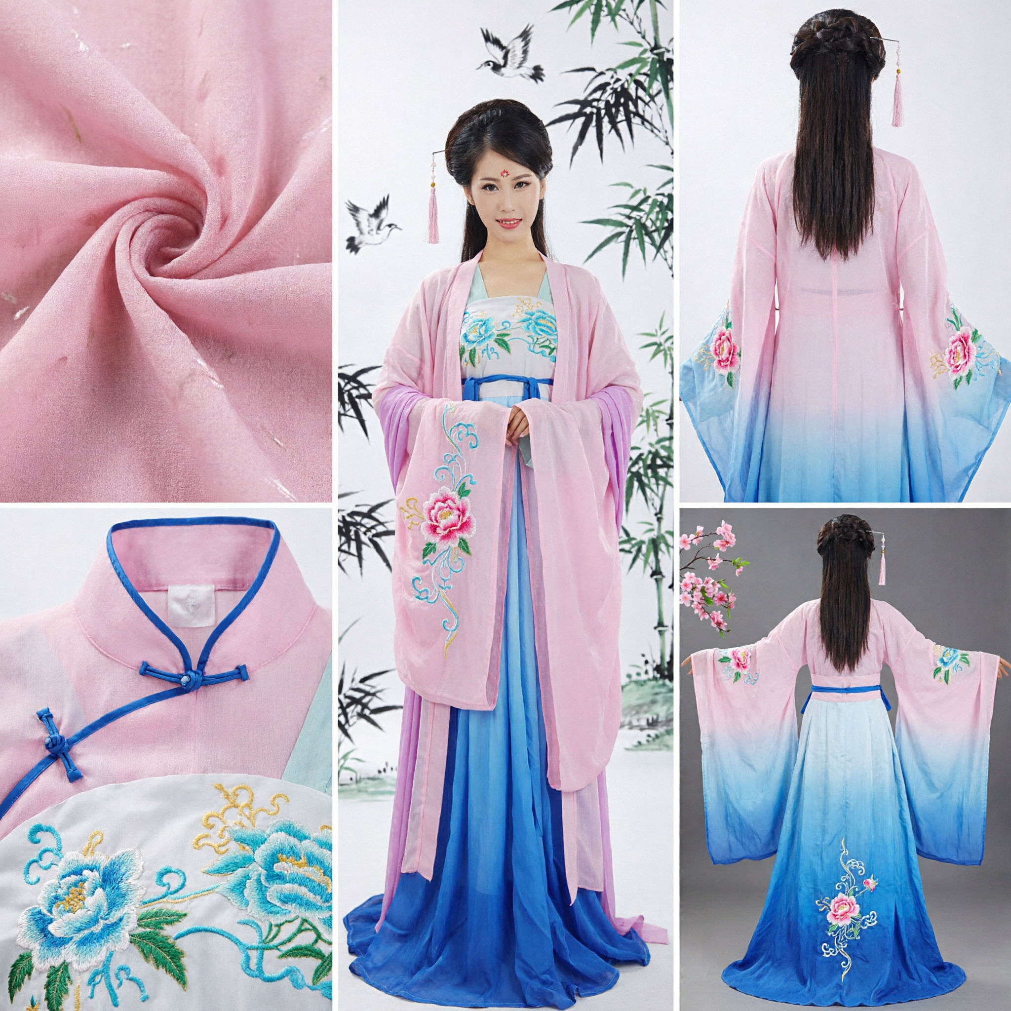 Traje Hanfu de la Dinastía Tang Antiguo Chino para Mujeres, Atuendo Tradicional Rosa y Azul para Presentaciones de Danza - Asian Costume