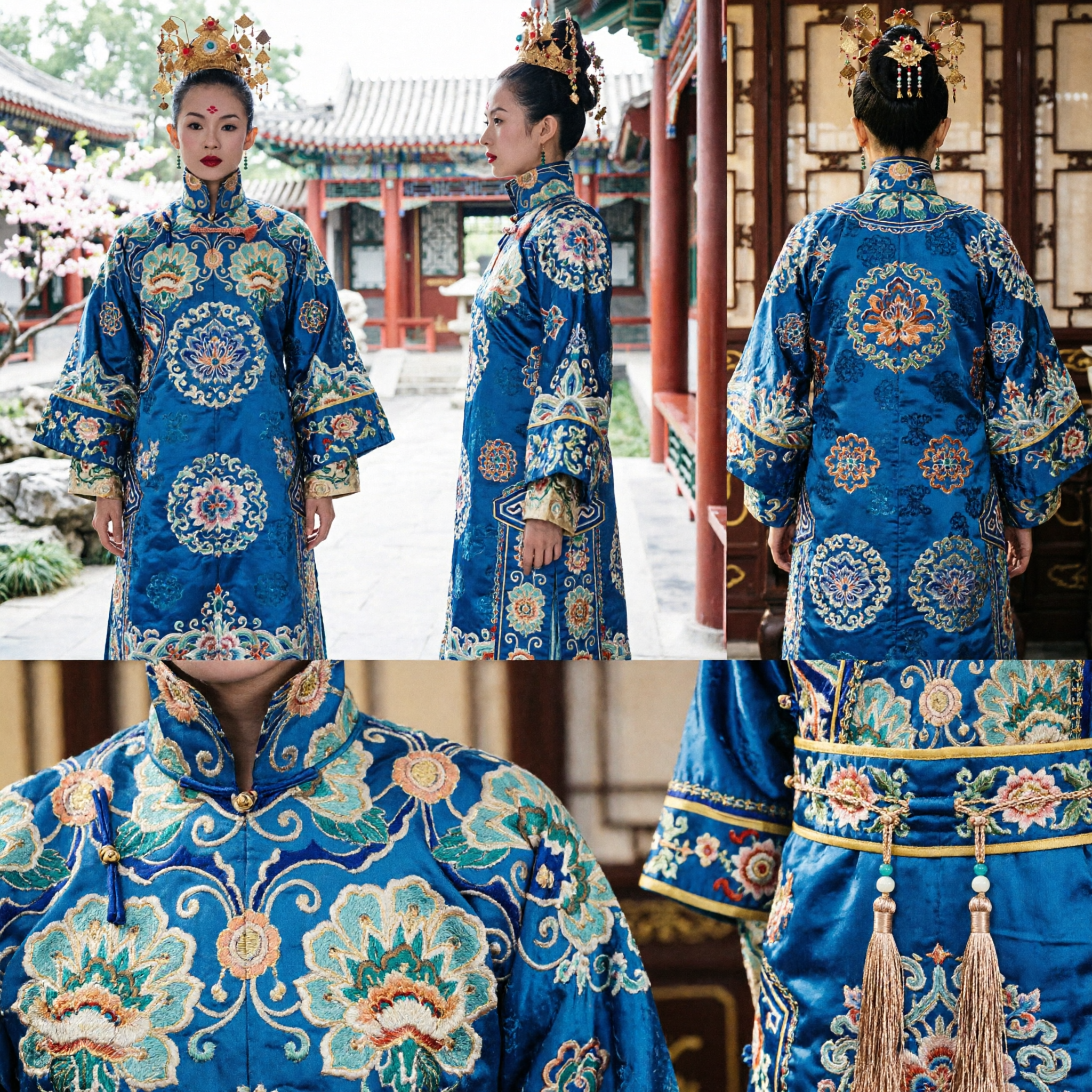 Traje de Princesa Manchu da Dinastia Qing Antiga Chinesa, Robe Azul Bordado e Tiara Dourada para Cosplay Feminino - Asian Costume