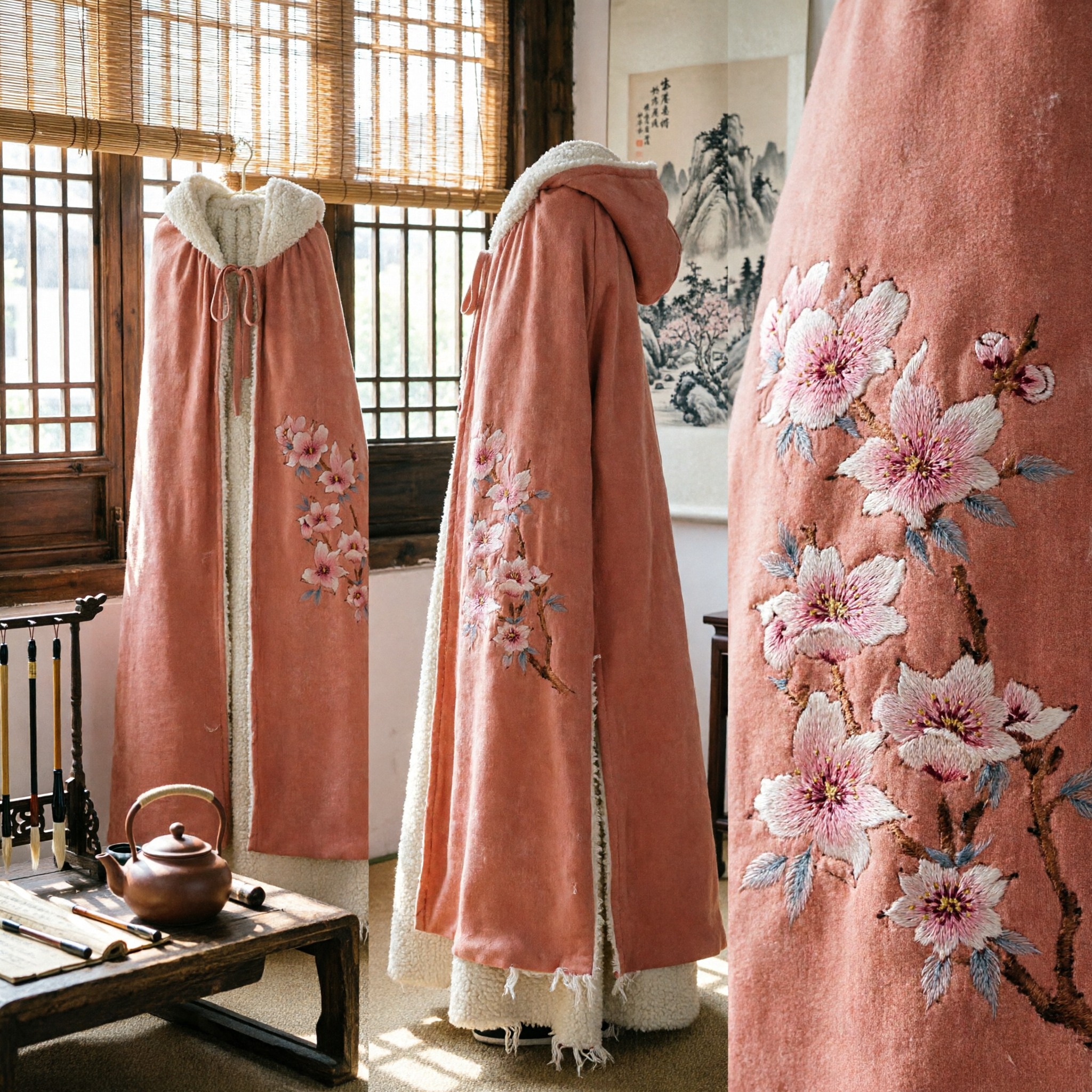 Mantello Invernale Hanfu in Velluto Rosa Tradizionale Cinese Cappuccio Ricamato Floreale Foderato in Pile Spesso per Donne - Asian Costume