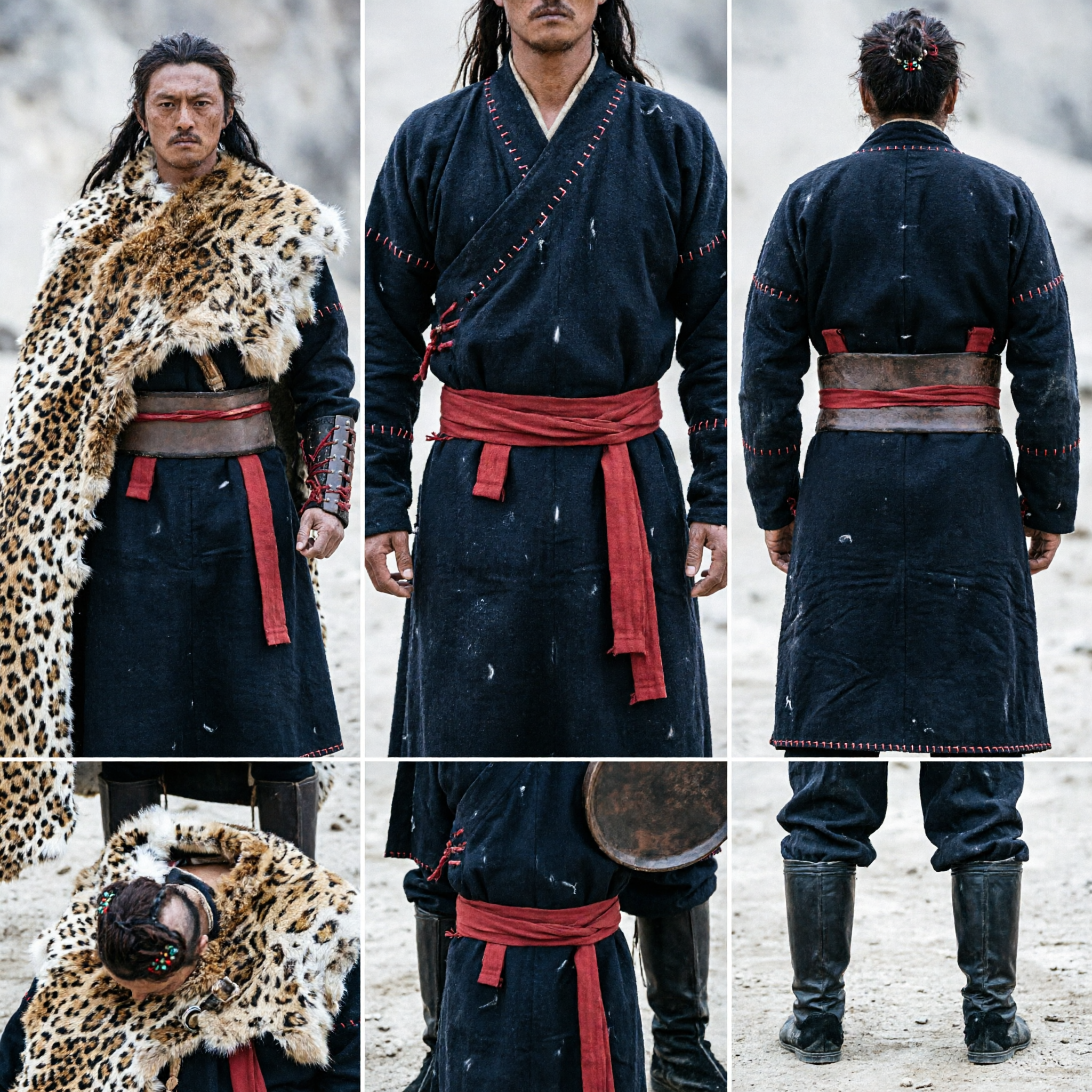 Männer Traditionelles tibetisches Kriegerkostüm Schwarzes Gewand mit Leopardenfell-Schärpe für Historienfilm-Cosplay - Asian Costume