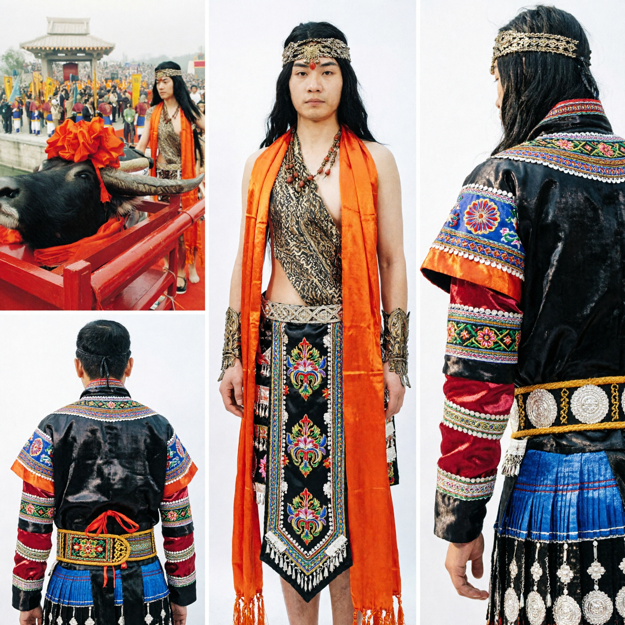 Traje de Guerreiro Tribal Antigo Chinês para Homens, Vestimenta com Estampa Animal, Performance de Cosplay Histórico - Asian Costume