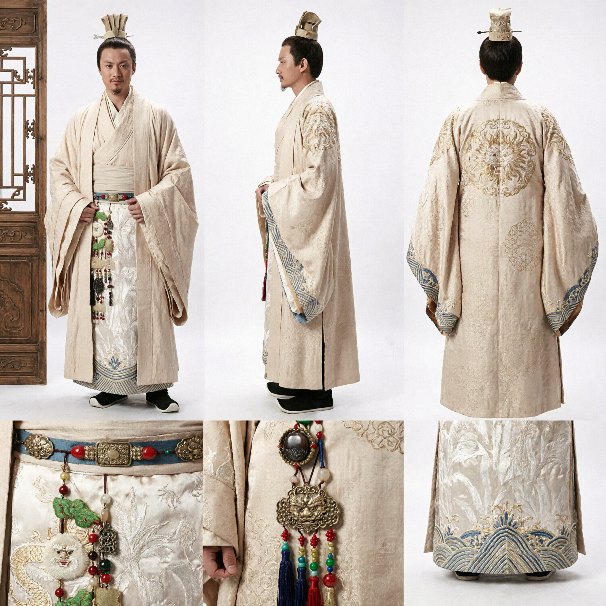 Costume da studioso Hanfu antico cinese per uomini, veste tradizionale color crema per cosplay storico e drammi - Asian Costume