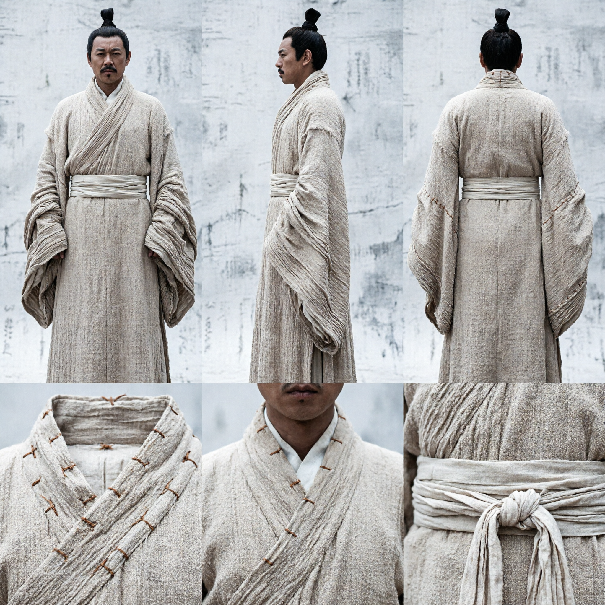 Costume Hanfu antico cinese per uomini, veste in lino beige tradizionale da studioso-guerriero degli Stati Combattenti per cosplay - Asian Costume