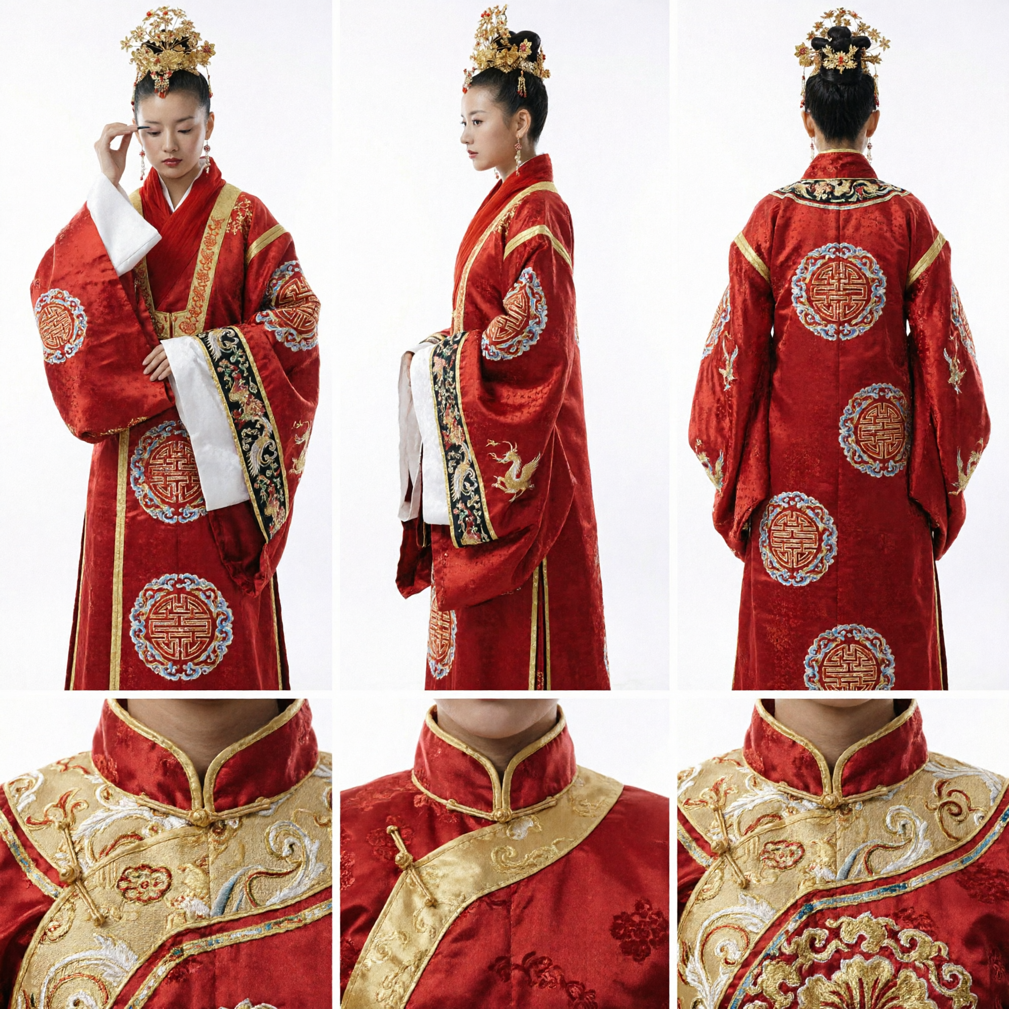 Traje de Casamento Tradicional Chinês Hanfu, Túnica Vermelha com Elaborada Coroa de Fênix Dourada para Cosplay Feminino - Asian Costume