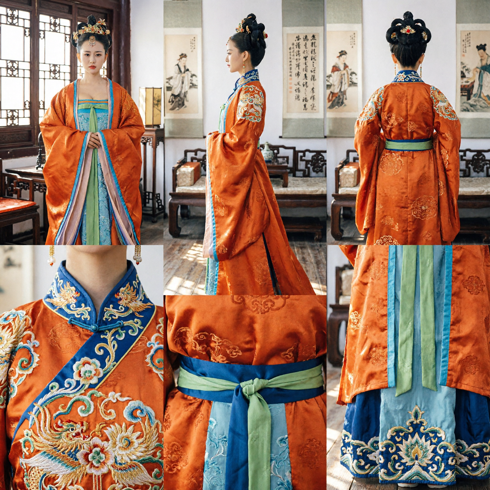古代中国 唐王朝 姫君漢服コスチューム オレンジローブ 伝統衣装 女性用コスプレ公演 - Asian Costume