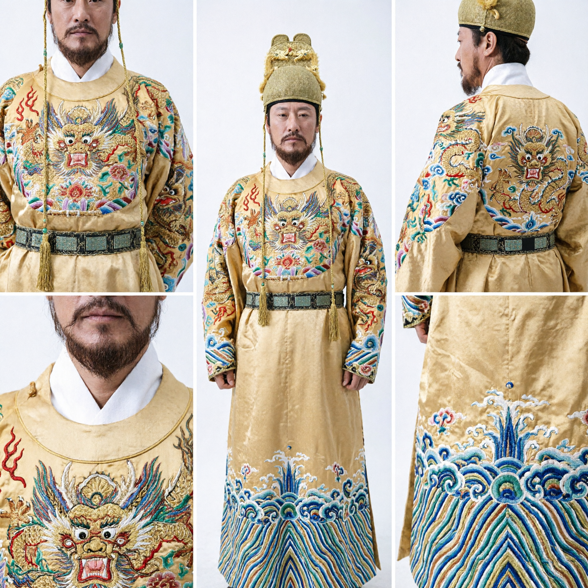 전통 중국 황제 용 로브 의상 남성 고대 명나라 코스프레 완전 세트 - 모자 포함 - Asian Costume