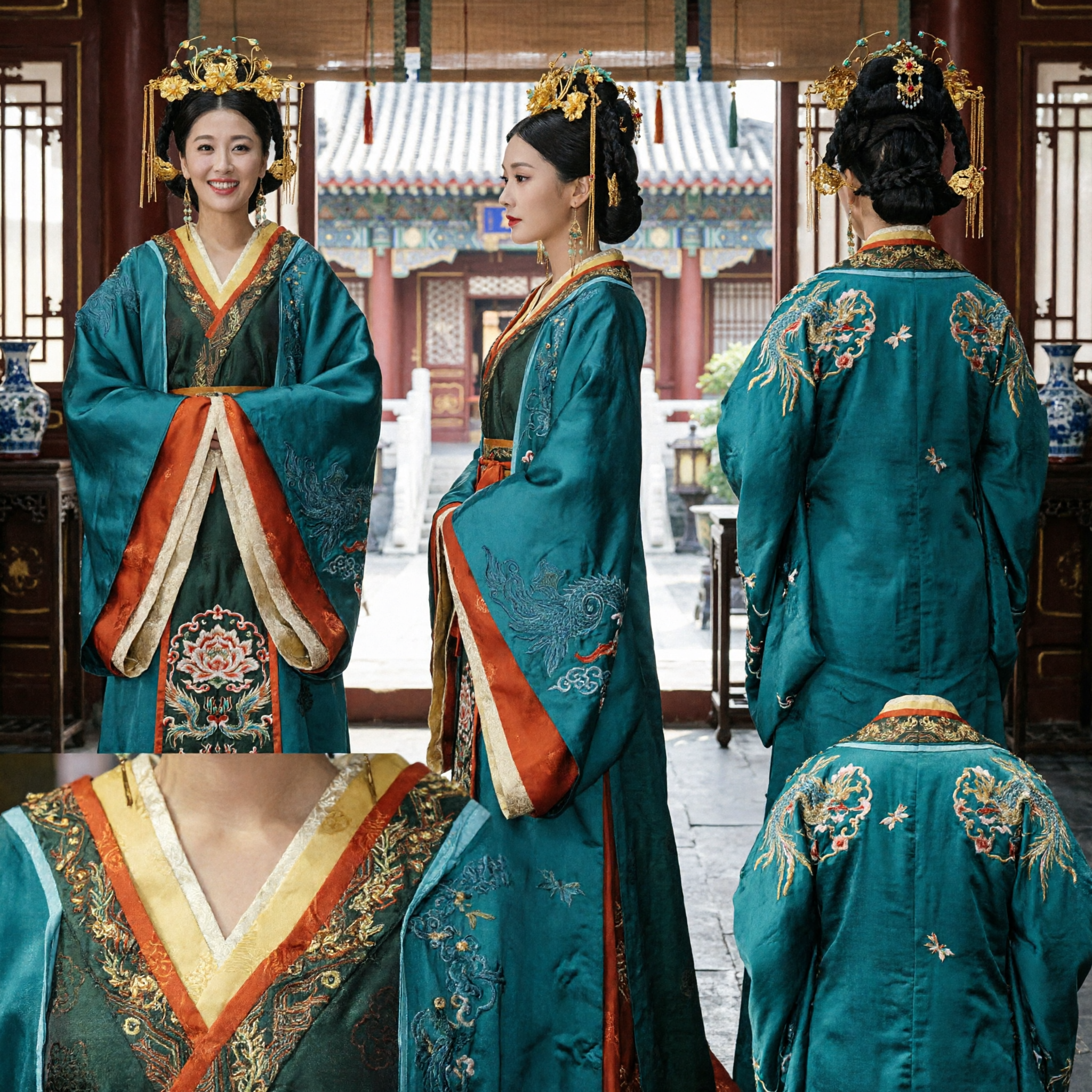Costume Tradizionale Cinese da Imperatrice Hanfu, Abito da Dama di Palazzo Verde Acqua con Elaborato Copricapo Dorato per Donne - Asian Costume