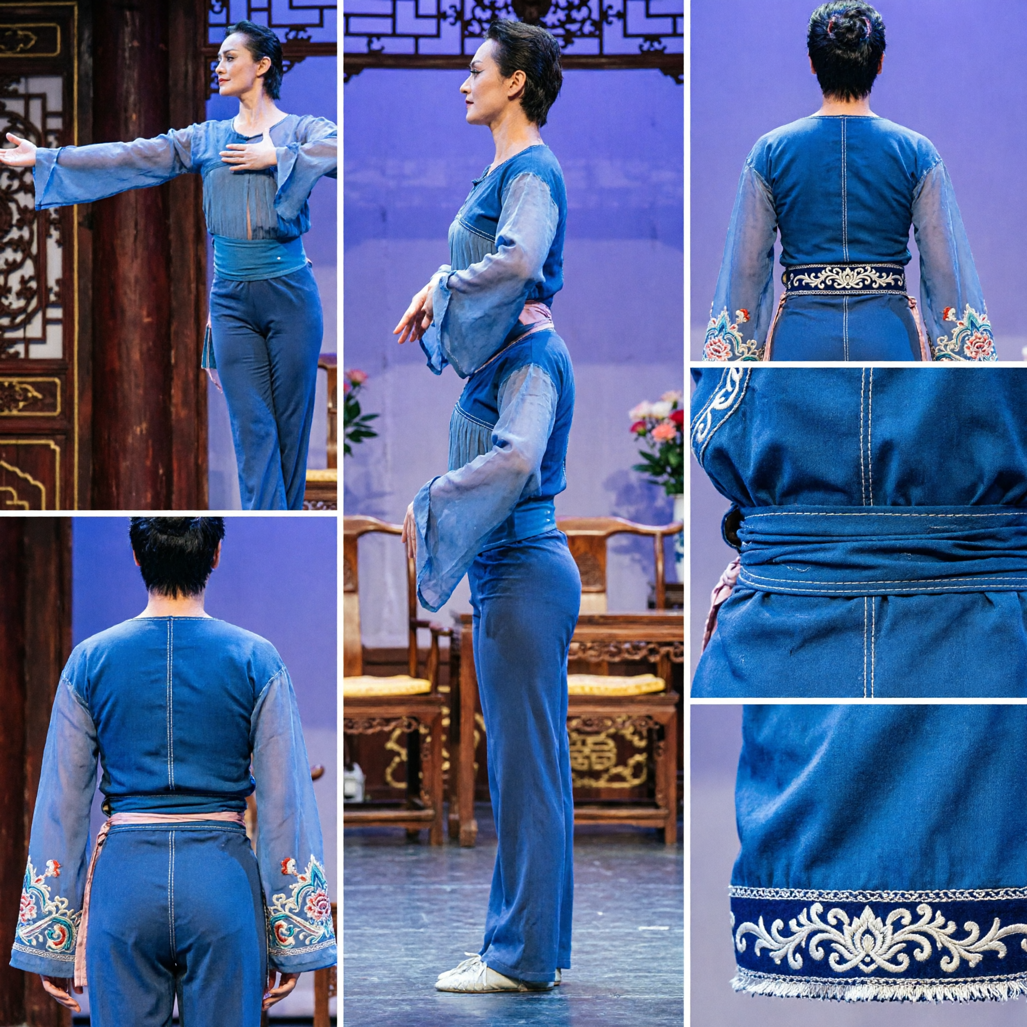 Traje Clássico Chinês de Dança Masculino Azul, Vestuário Tradicional de Palco com Mangas Fluídas para Dançarinos - Asian Costume