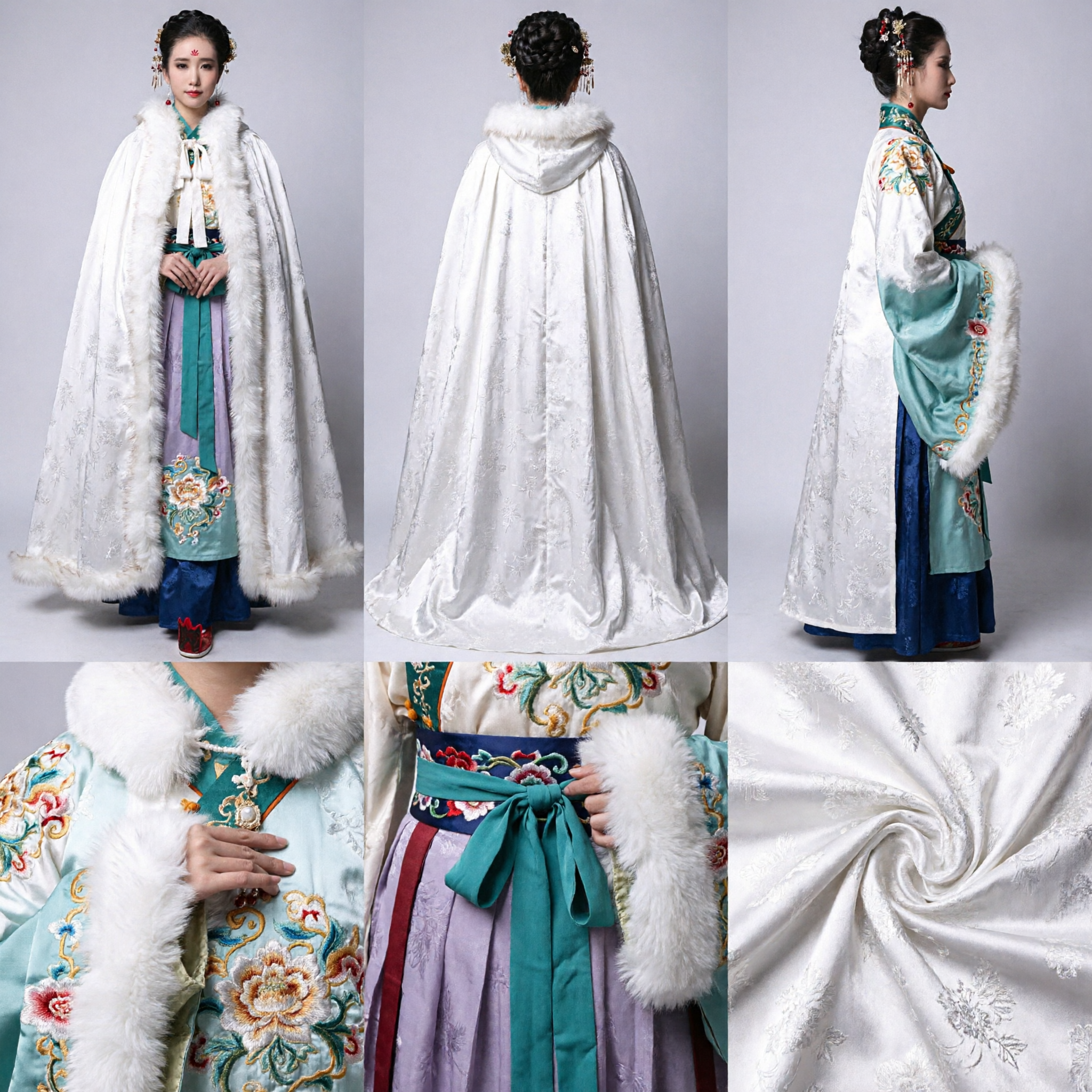 Elegant White Hanfu Winter Cloak with Fur Trim Traditional Chinese Ancient Costume Cape for Women Photography - Asian Costume