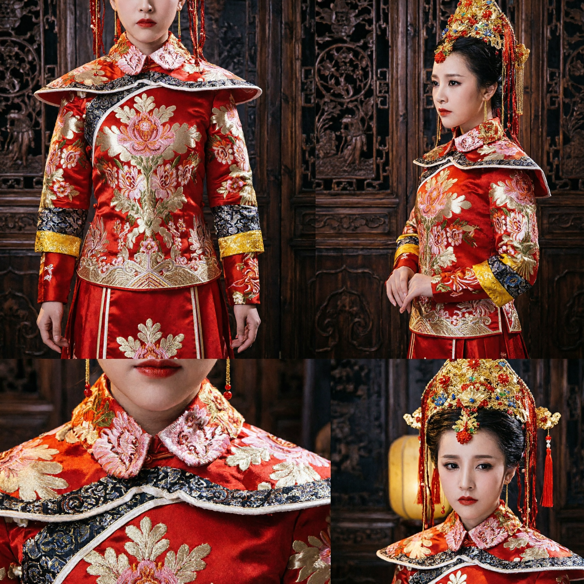 Traditional Chinese Wedding Dress Red Embroidered Bride Gown with Phoenix Crown Ancient Oriental Costume for Women - Asian Costume