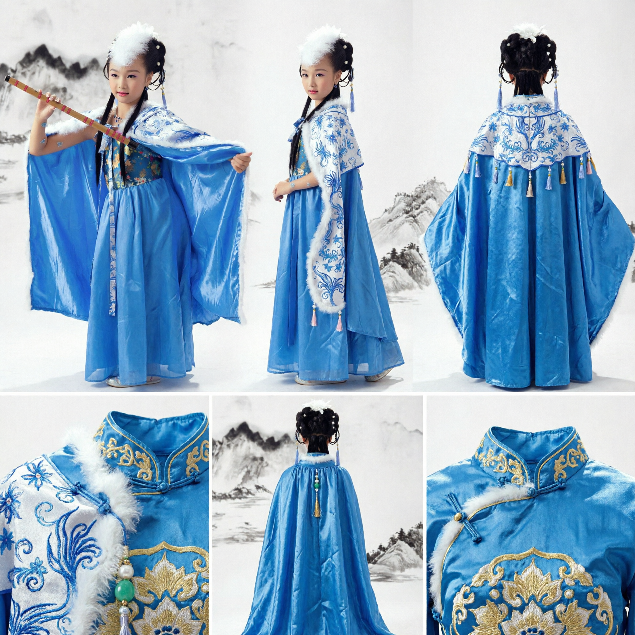 Costume Hanfu Blu Tradizionale Cinese per Bambine, Vestito da Principessa Fata Antico per Spettacoli sul Palco - Asian Costume